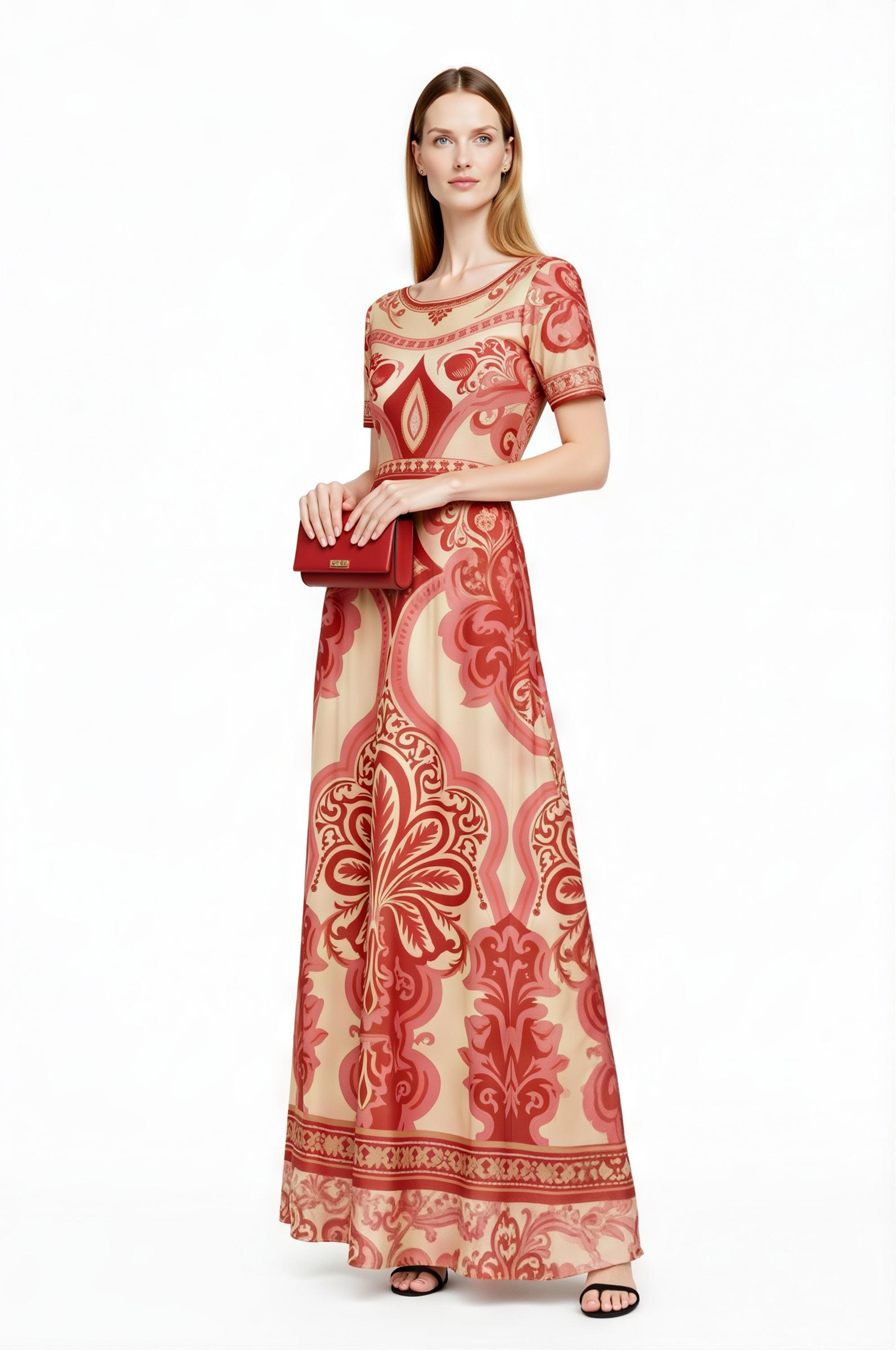 Red Vintage Print A-Line Maxi Dress, Boho Summer Bohemian Style with Pockets __etsy:7985275745