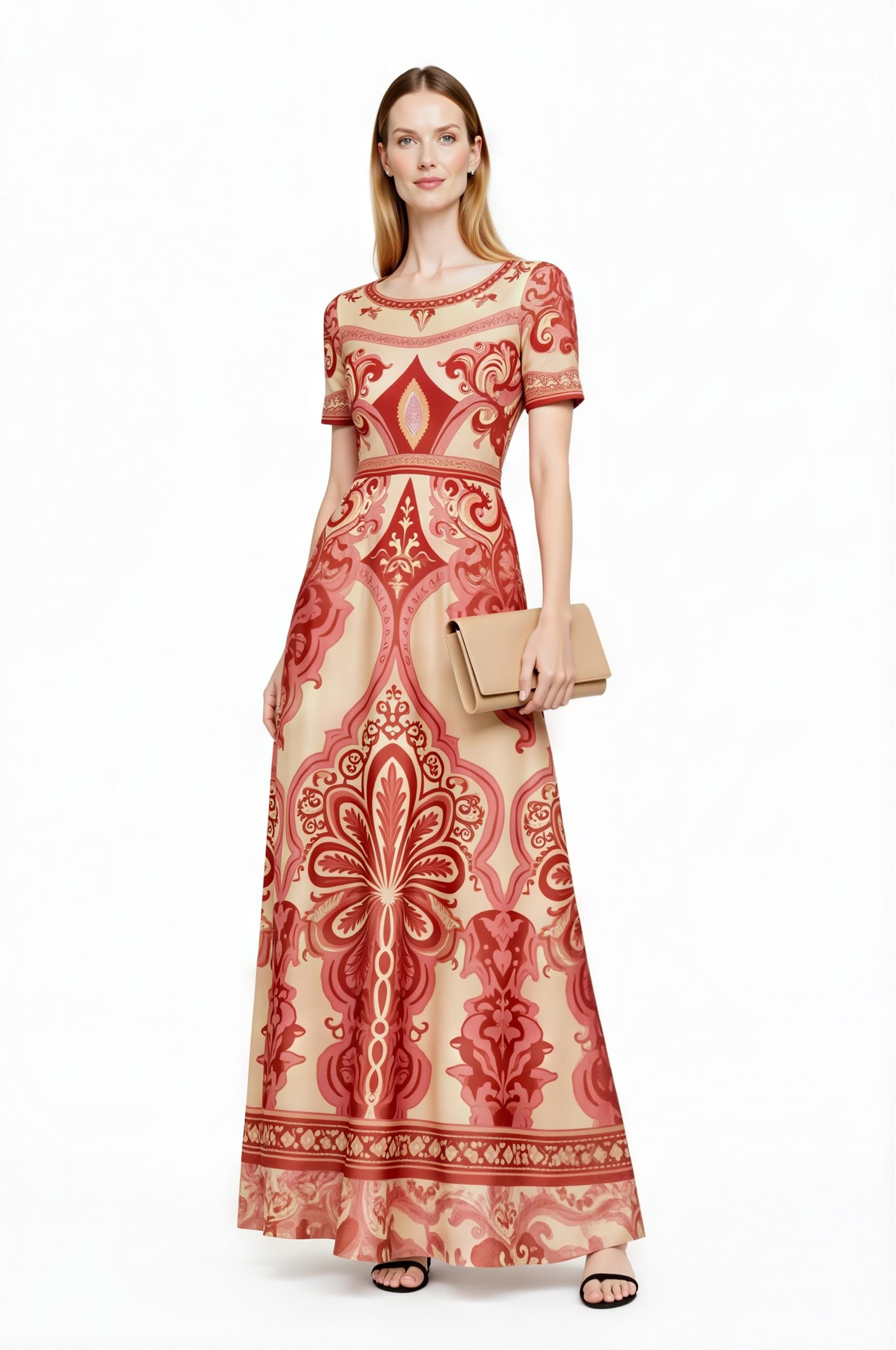Red Vintage Print A-Line Maxi Dress, Boho Summer Bohemian Style with Pockets __etsy:7985275749