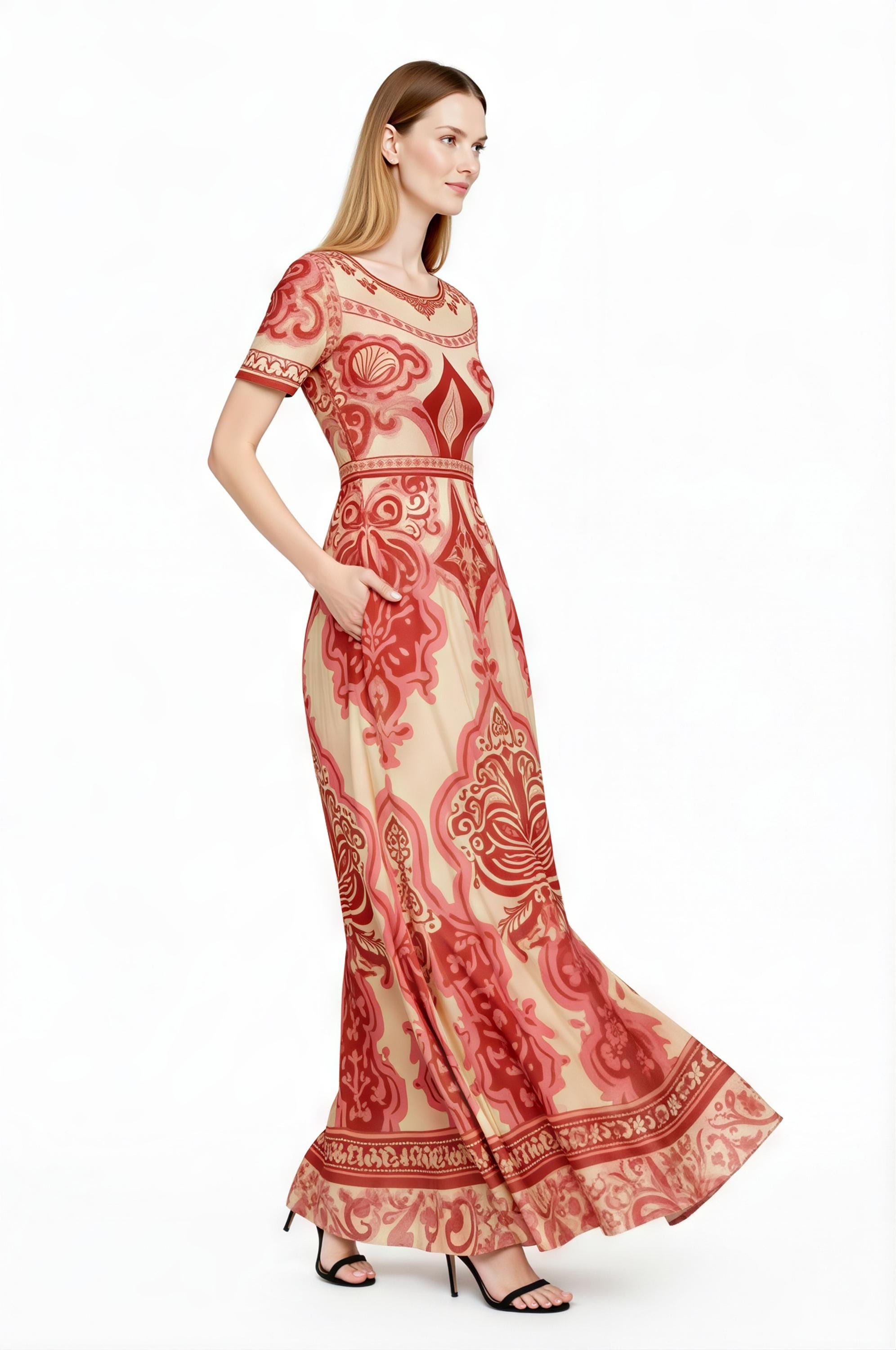 Red Vintage Print A-Line Maxi Dress, Boho Summer Bohemian Style with Pockets __etsy:7985315989