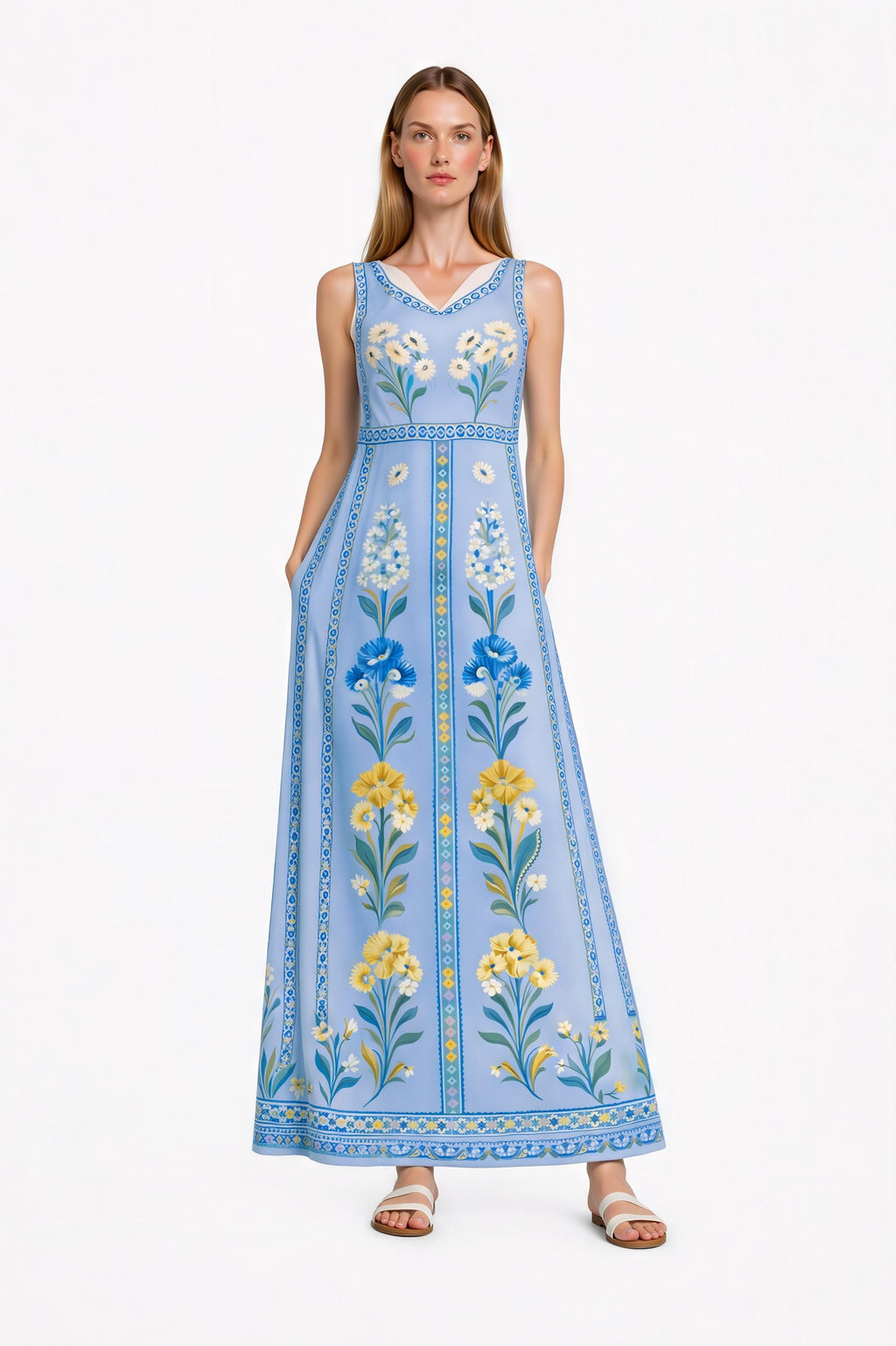 Blue Floral Maxi Dress, Sleeveless Boho Summer Resort Wear