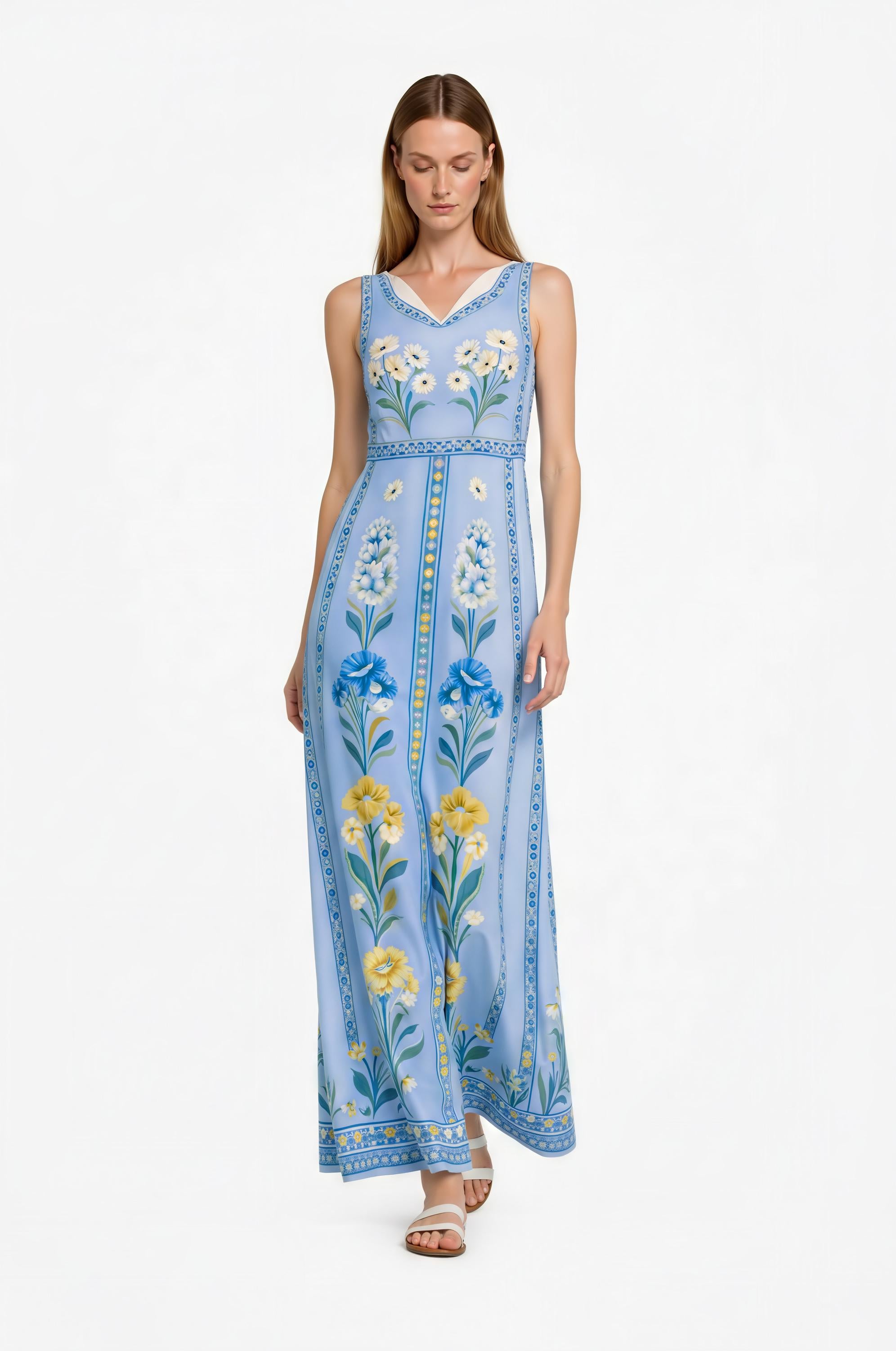Blue Floral Maxi Dress, Sleeveless Boho Summer Resort Wear