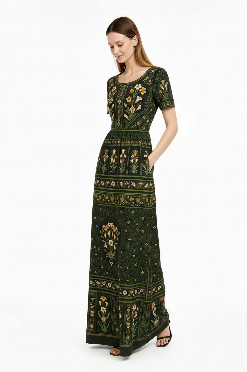 Green Floral Maxi Dress, Vintage Inspired Botanical Print, Woven Stretch Fabric