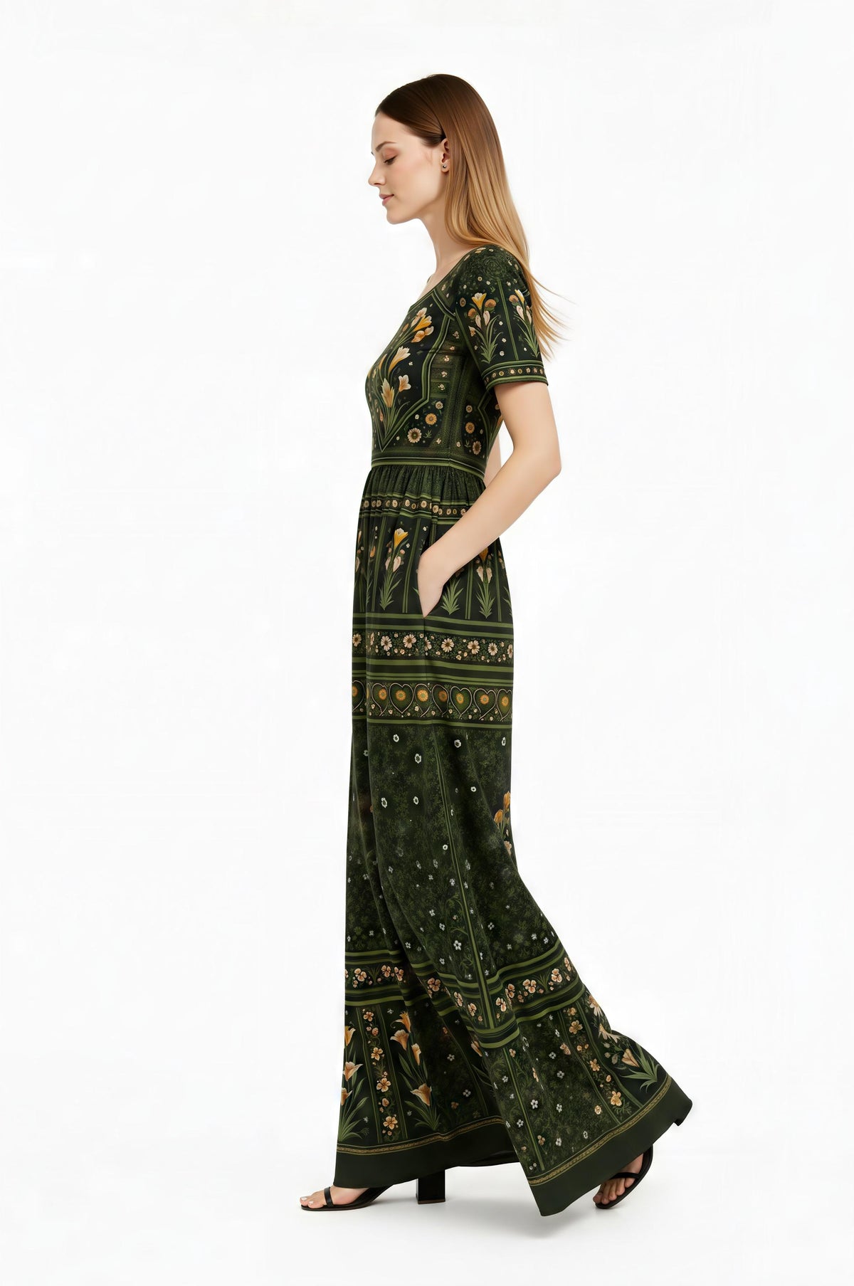 Green Floral Maxi Dress, Vintage Inspired Botanical Print, Woven Stretch Fabric