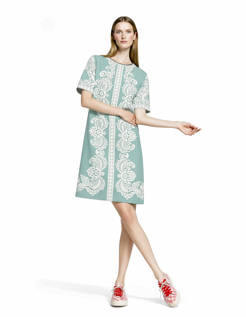Dusty Blue T-Shirt Dress, Ivory Scarf Print Mini, Vintage Inspired Summer Casual Outfit __etsy:8021240555