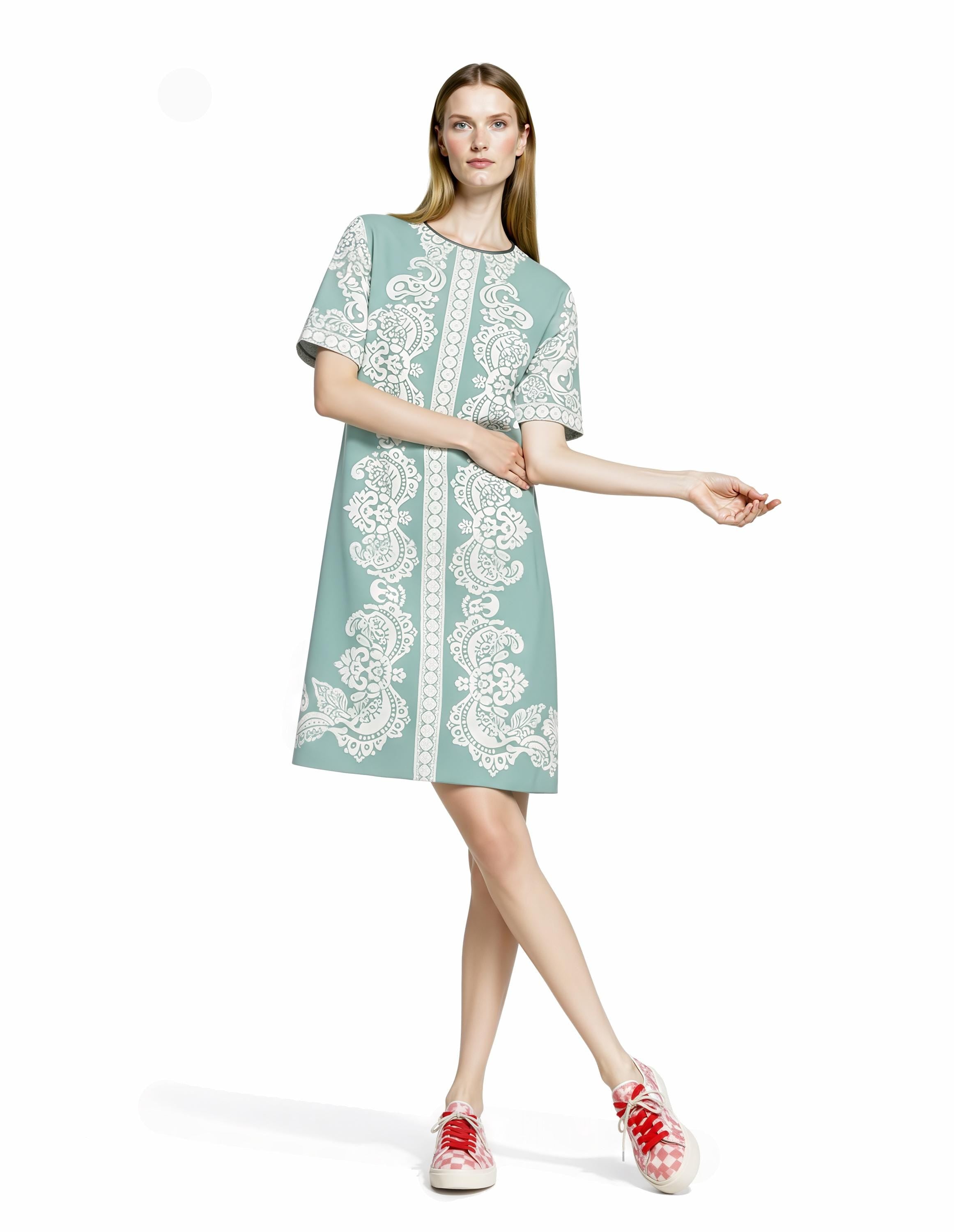 Dusty Blue T-Shirt Dress, Ivory Scarf Print Mini, Vintage Inspired Summer Casual Outfit __etsy:8021240555
