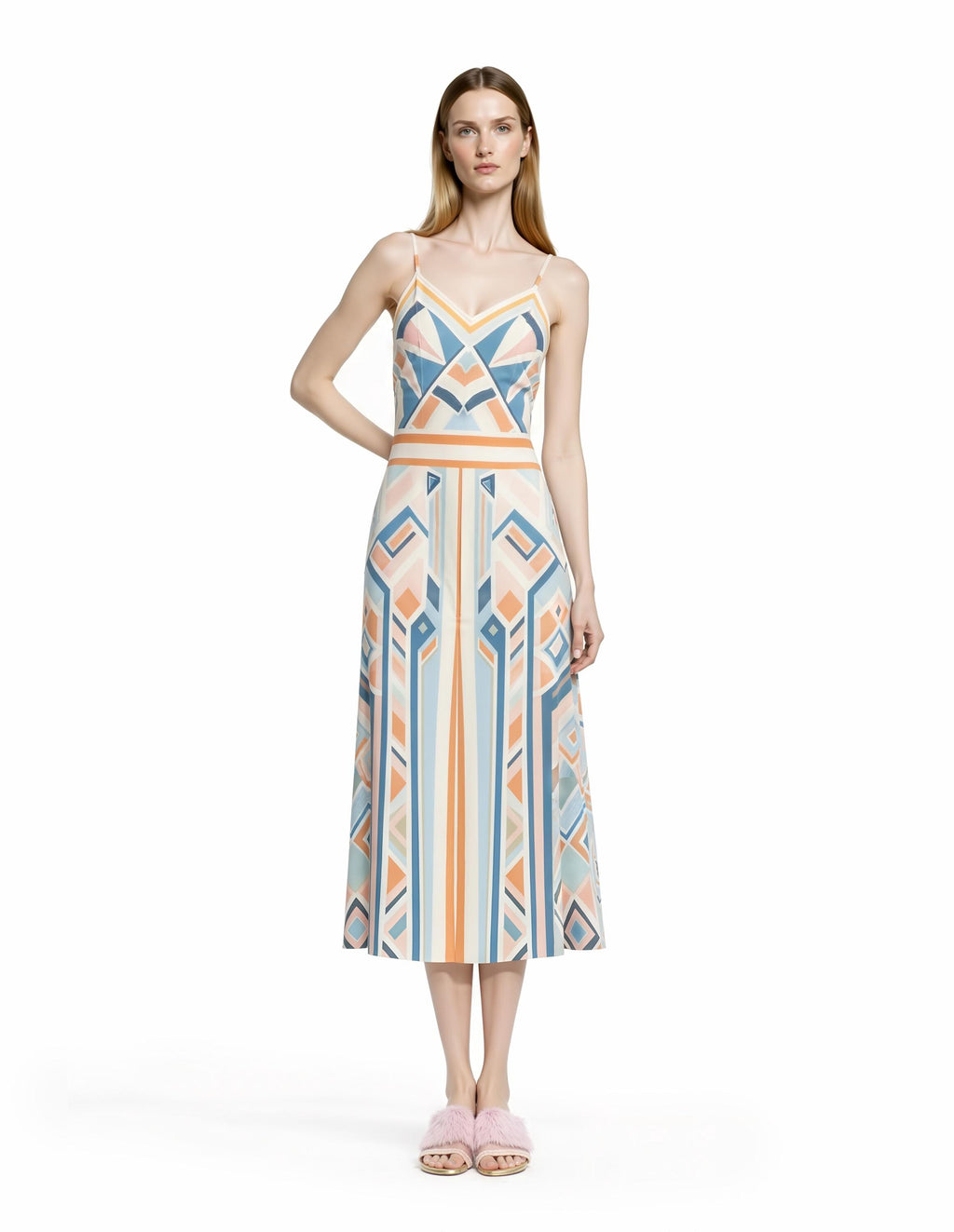 Pastel Geometric Midi Slip Dress in Blue and Peach with Modern Art Deco Print __etsy:8021876907