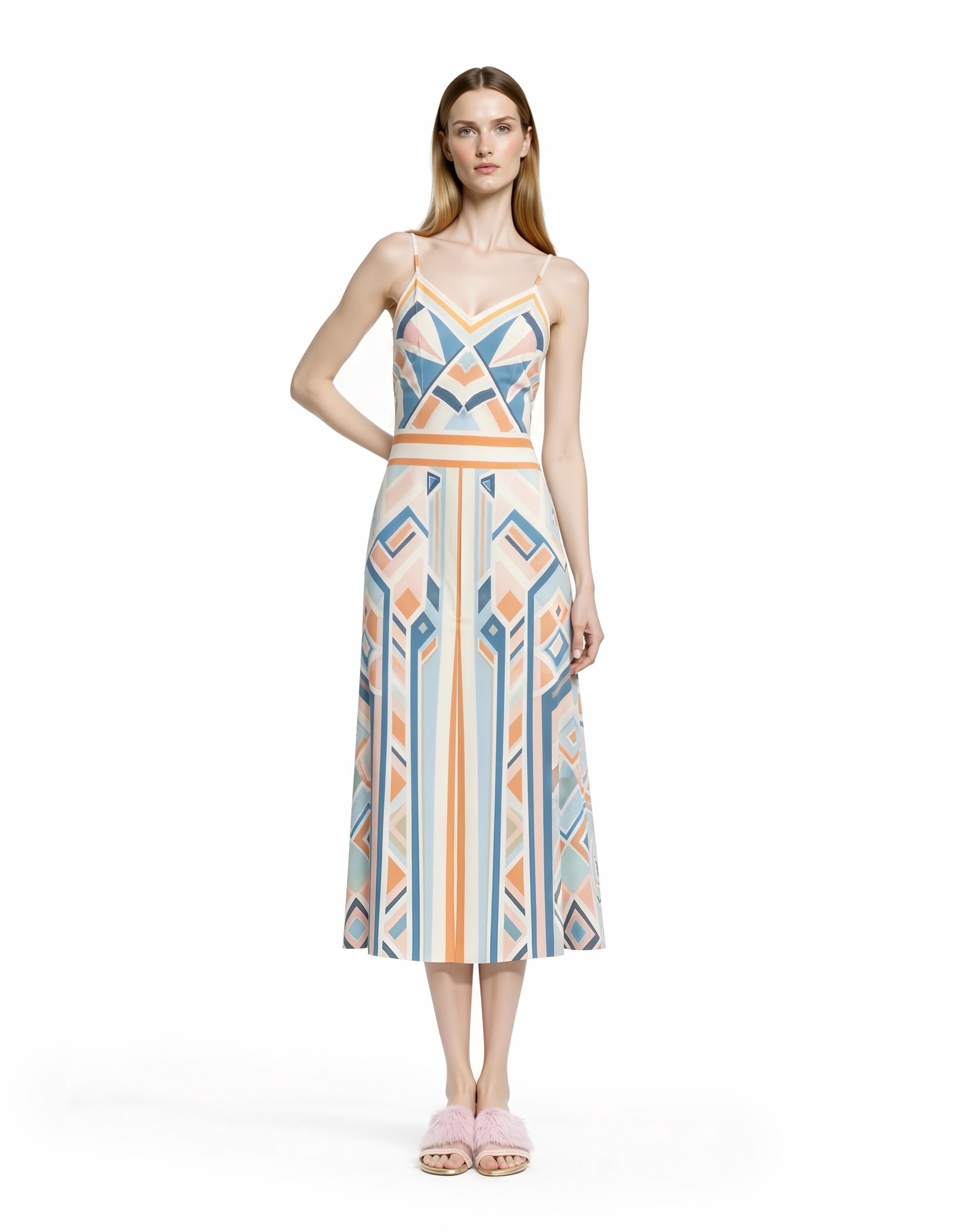 Pastel Geometric Midi Slip Dress in Blue and Peach with Modern Art Deco Print __etsy:8021876907