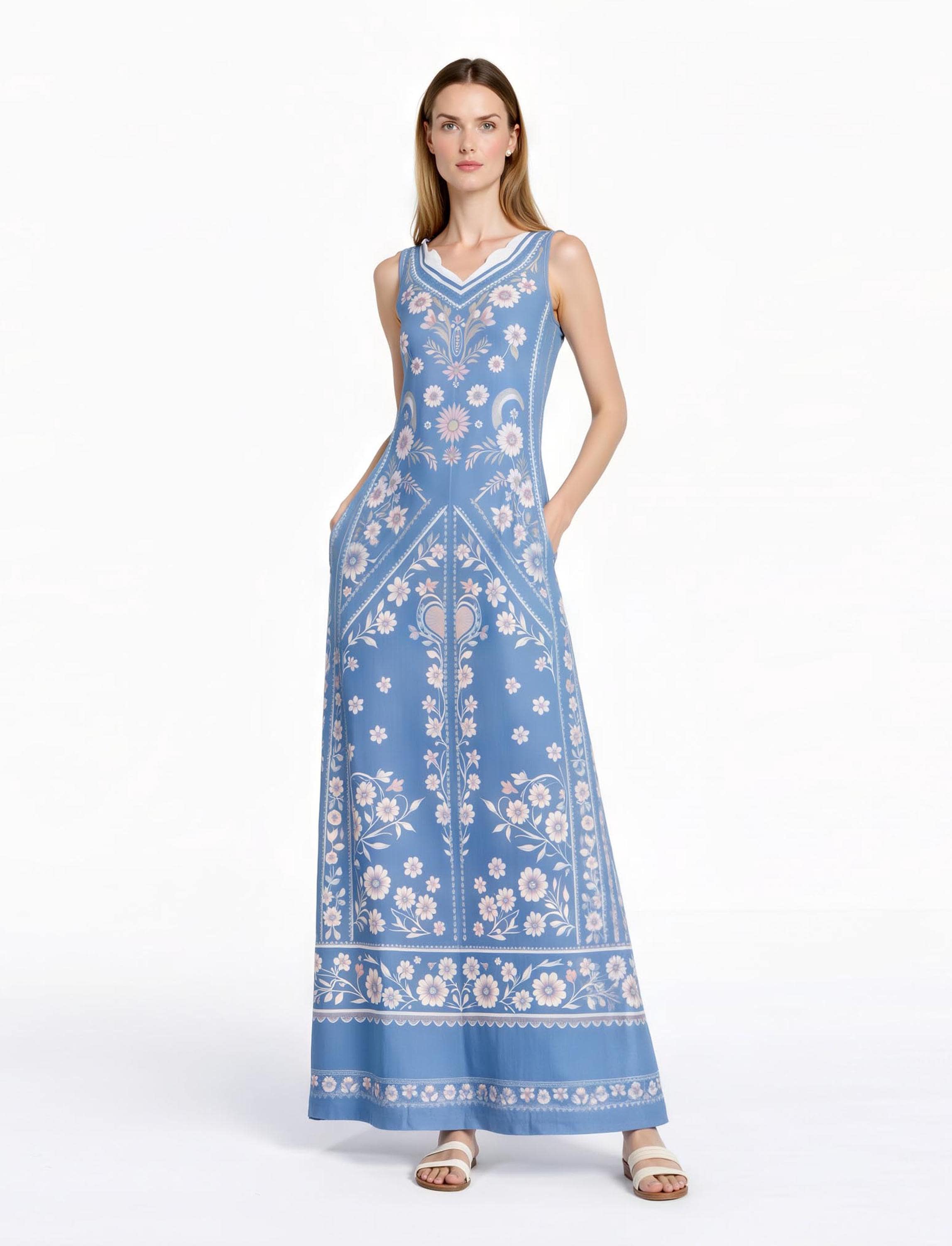 Blue Floral Maxi Dress, Vintage Botanical Print, Sleeveless A-Line with Pockets __etsy:8021938709
