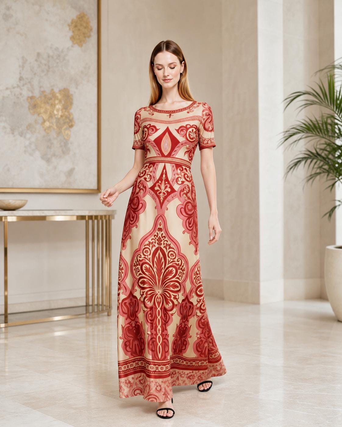 Red Vintage Print A-Line Maxi Dress, Boho Summer Bohemian Style with Pockets __etsy:8024501157
