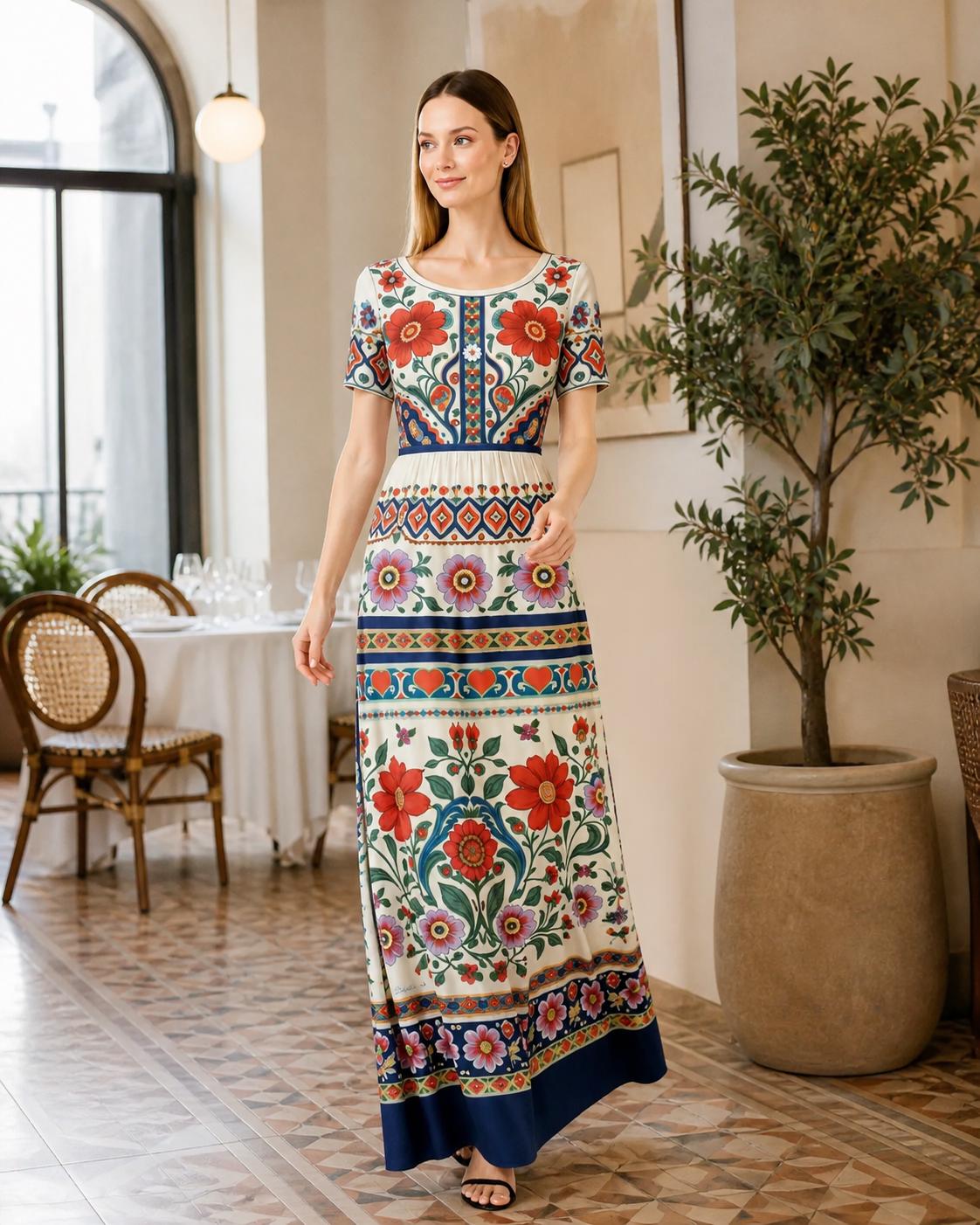 Ivory Floral Maxi Dress with Short Sleeves and Border Print A-Line Silhouette __etsy:8025103021