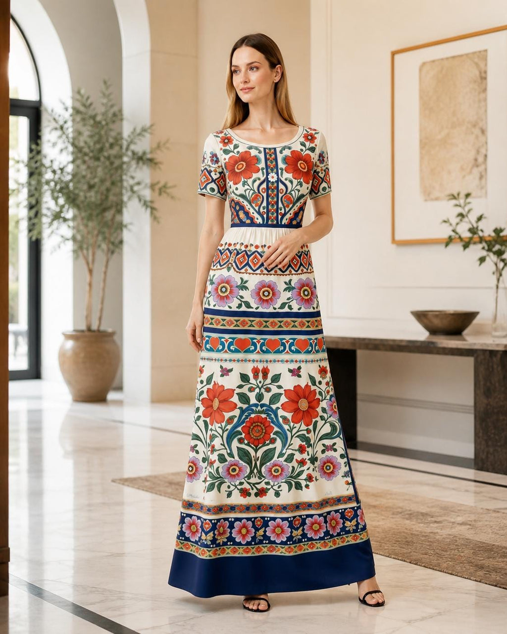 Ivory Floral Maxi Dress with Short Sleeves and Border Print A-Line Silhouette __etsy:8025103111
