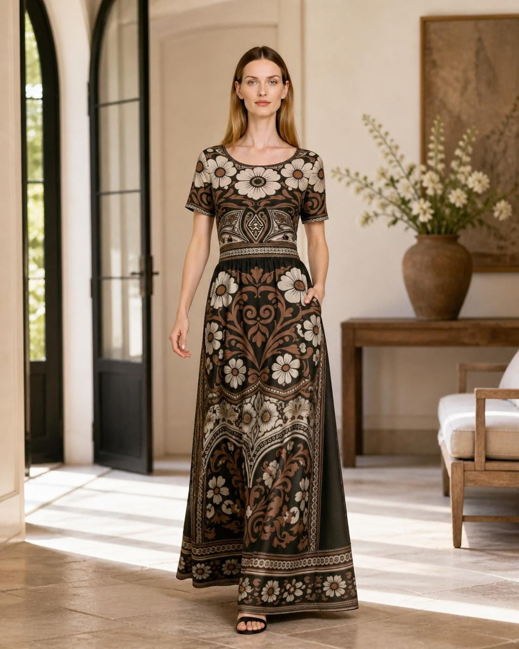 Floral Maxi Dress, Boho Vintage Long Dress, Brown Ivory Summer Outfit __etsy:8025108081