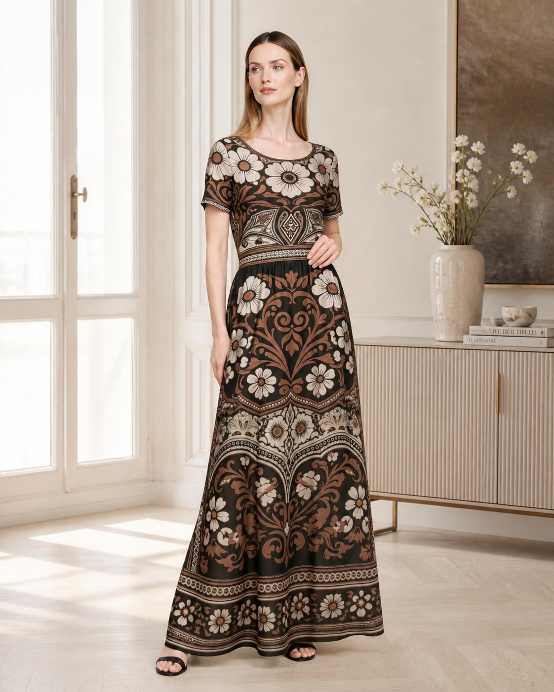 Floral Maxi Dress, Boho Vintage Long Dress, Brown Ivory Summer Outfit __etsy:8025108155