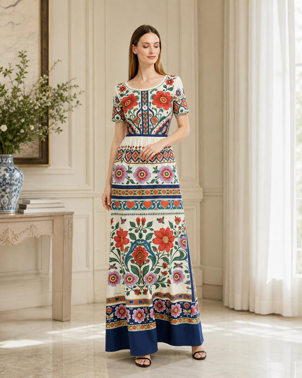 Ivory Floral Maxi Dress with Short Sleeves and Border Print A-Line Silhouette __etsy:8025114049
