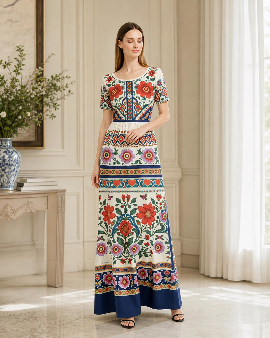 Ivory Floral Maxi Dress with Short Sleeves and Border Print A-Line Silhouette __etsy:8025114049