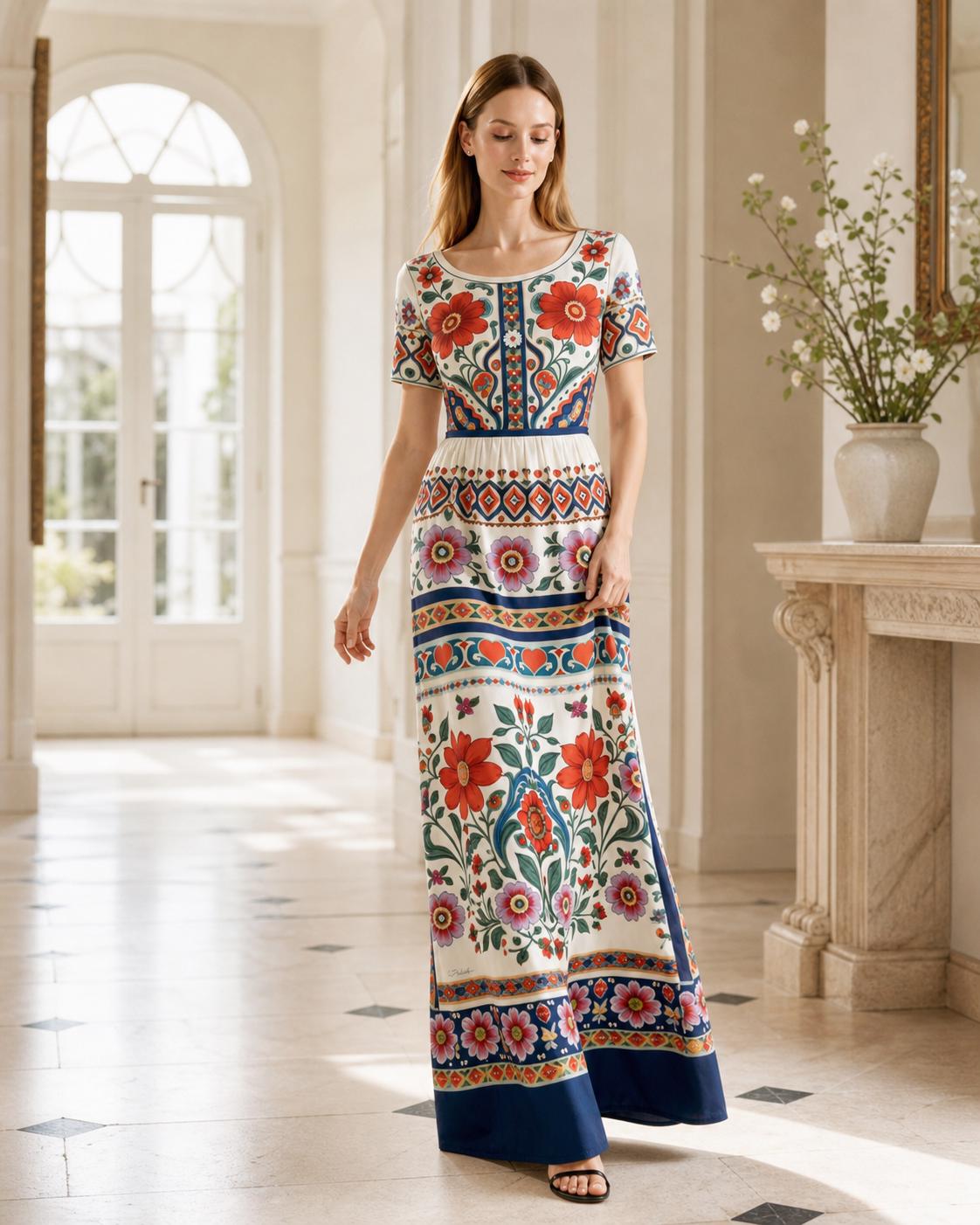 Ivory Floral Maxi Dress with Short Sleeves and Border Print A-Line Silhouette __etsy:8025114101