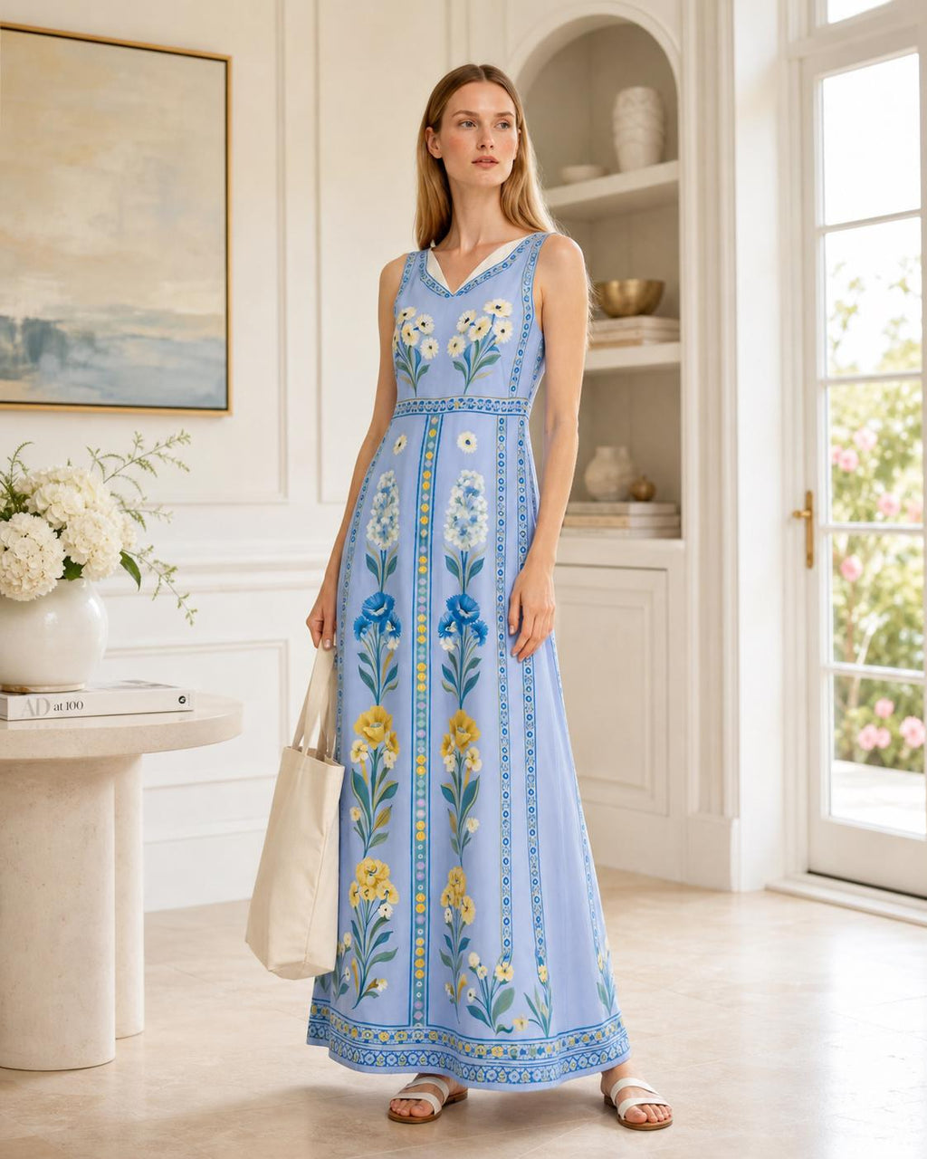 Blue Floral Maxi Dress, Sleeveless Boho Summer Resort Wear