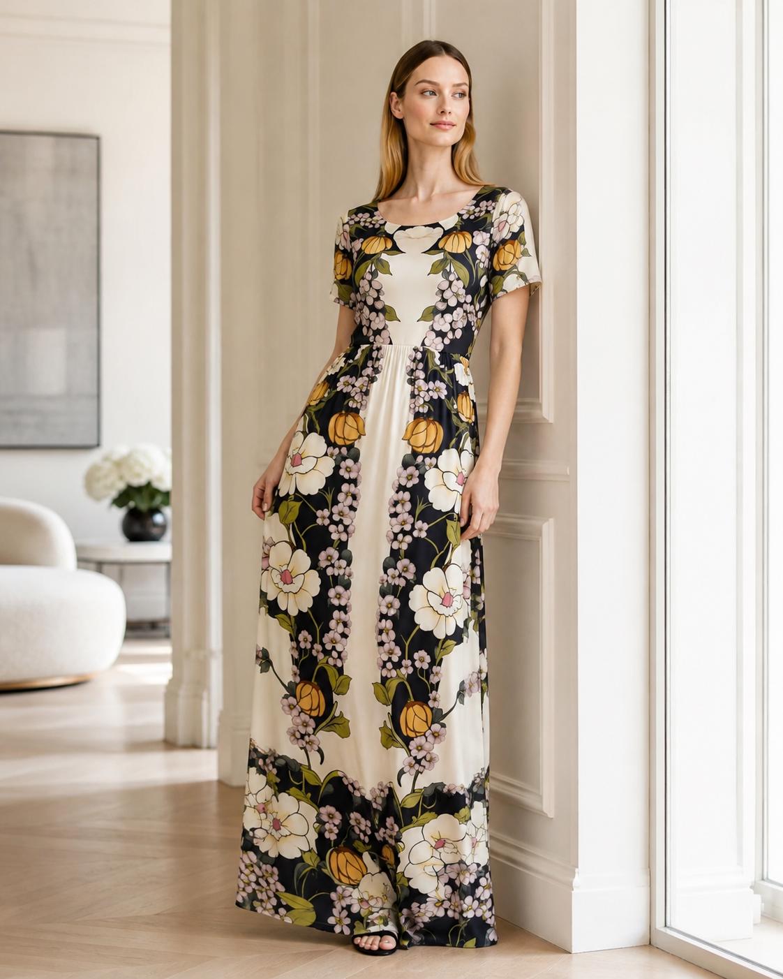 Vintage Floral Placement Print Maxi Dress, Ivory Black Elegant Long Dress __etsy:8025132331