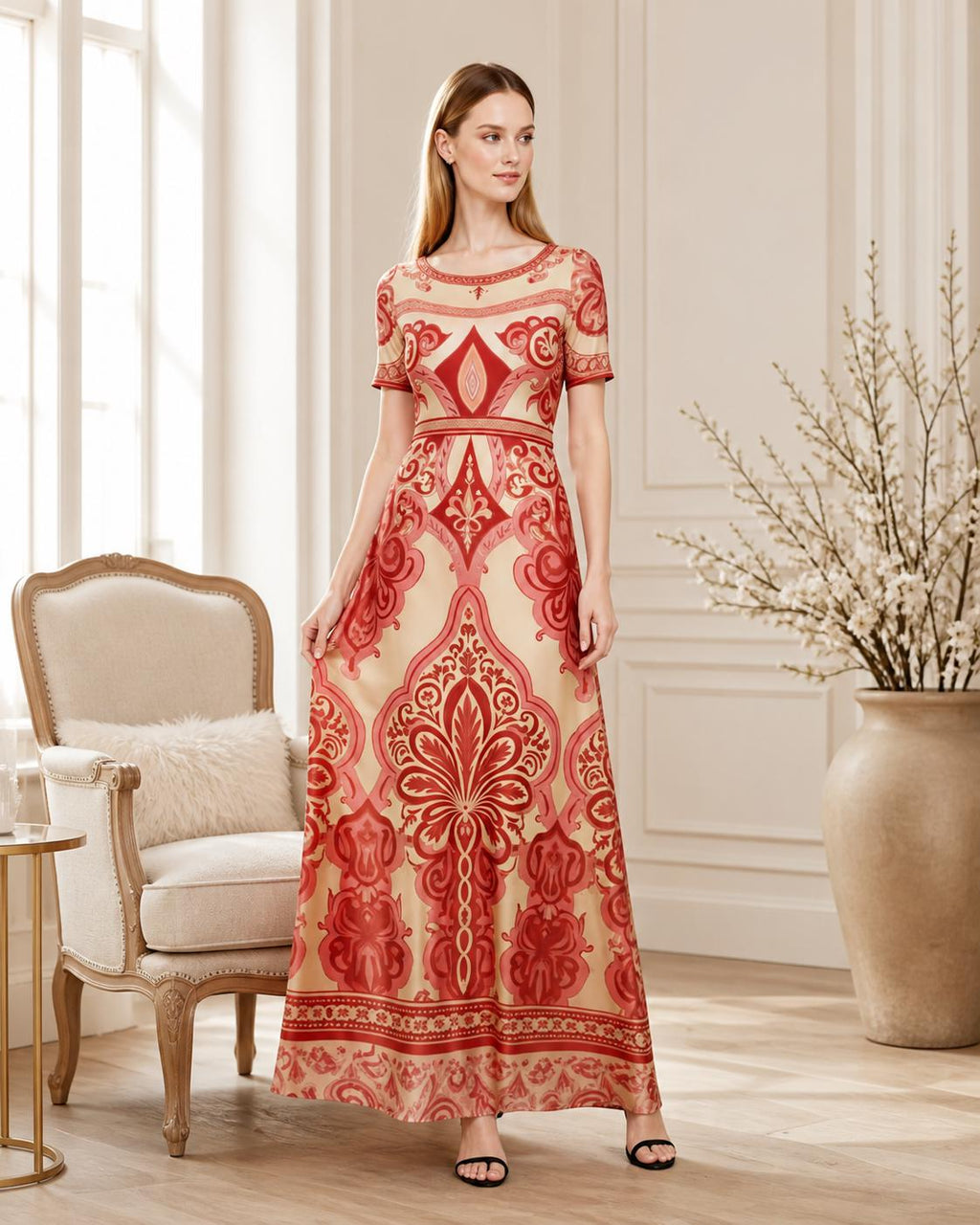 Red Vintage Print A-Line Maxi Dress, Boho Summer Bohemian Style with Pockets __etsy:8025136993
