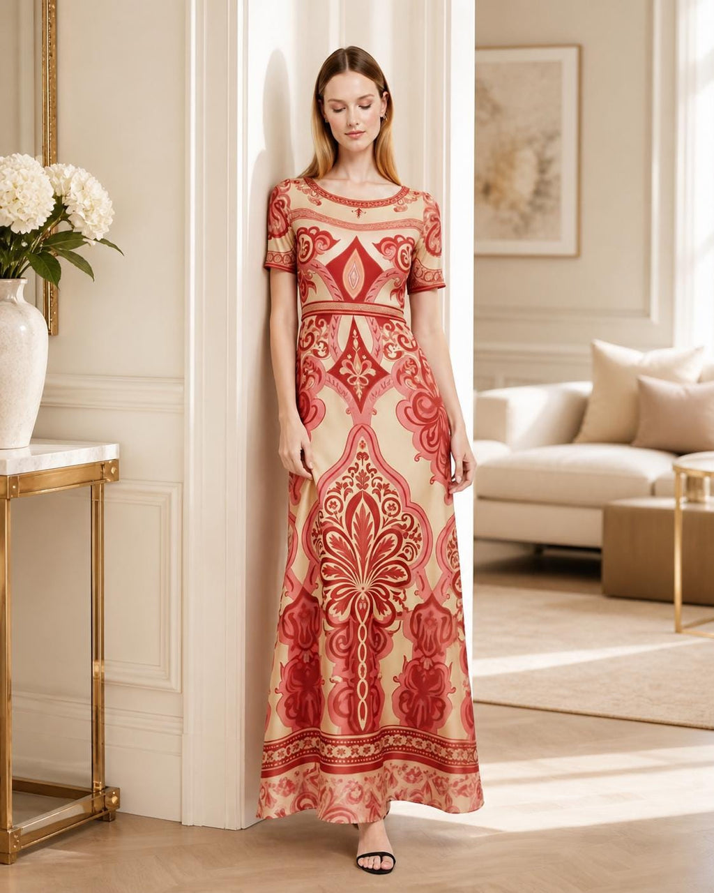 Red Vintage Print A-Line Maxi Dress, Boho Summer Bohemian Style with Pockets __etsy:8025136995