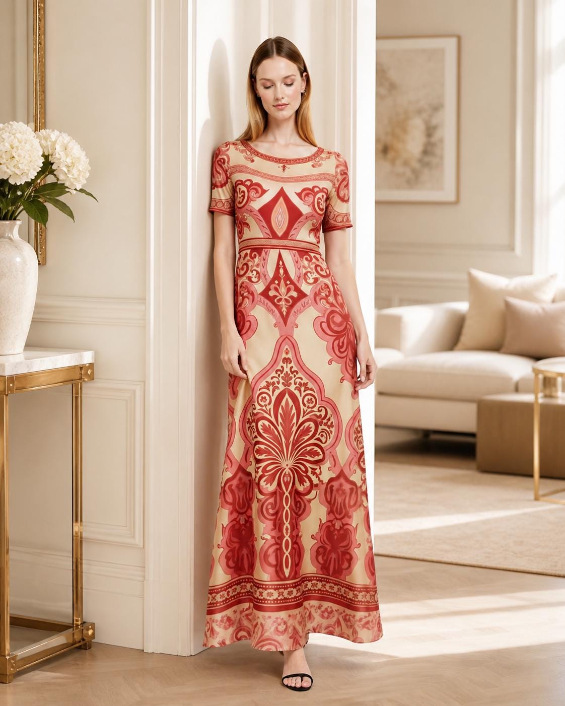 Red Vintage Print A-Line Maxi Dress, Boho Summer Bohemian Style with Pockets __etsy:8025136995
