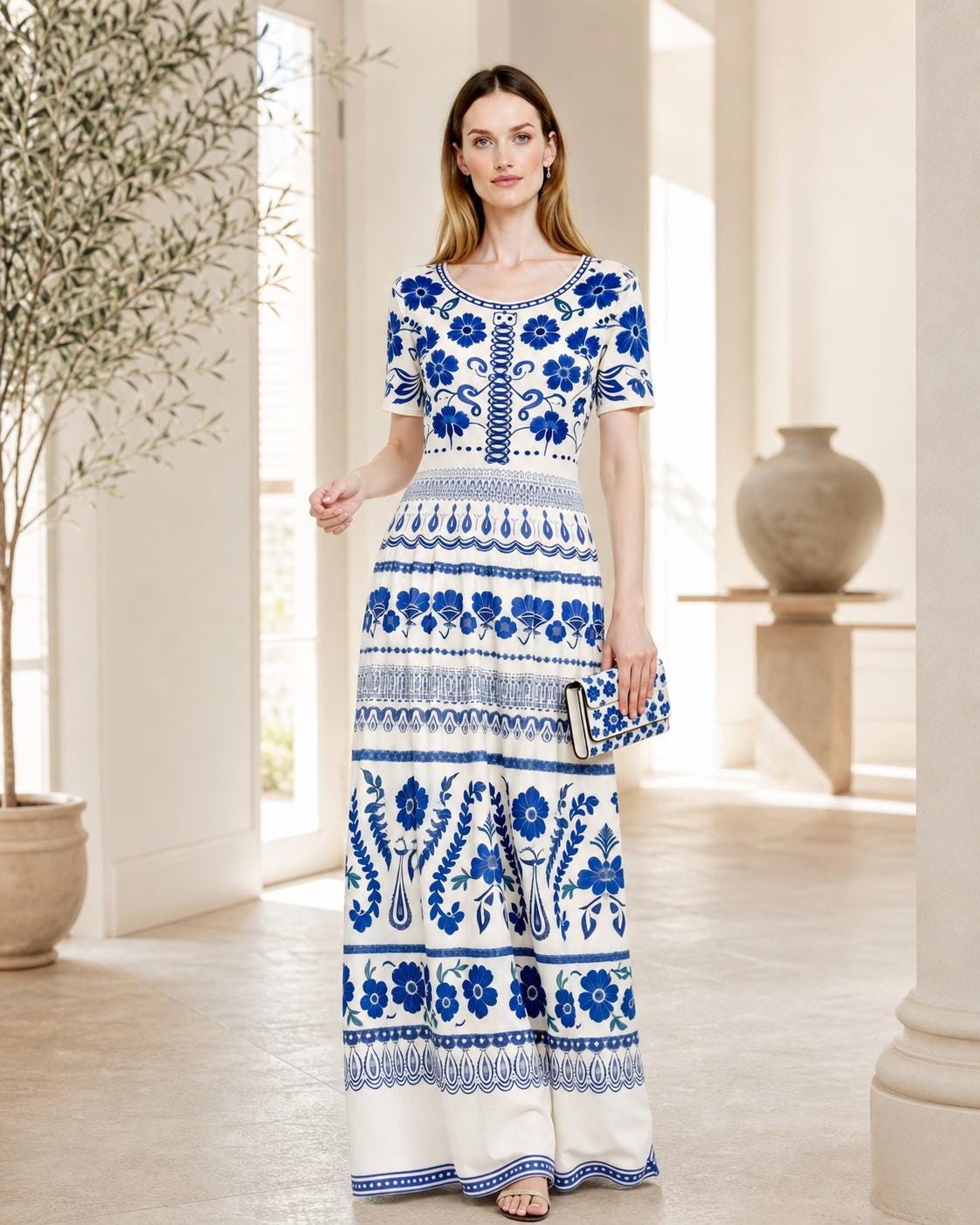 Blue Floral Maxi Dress, Ivory A-Line Summer Dress with Pockets __etsy:8025160557
