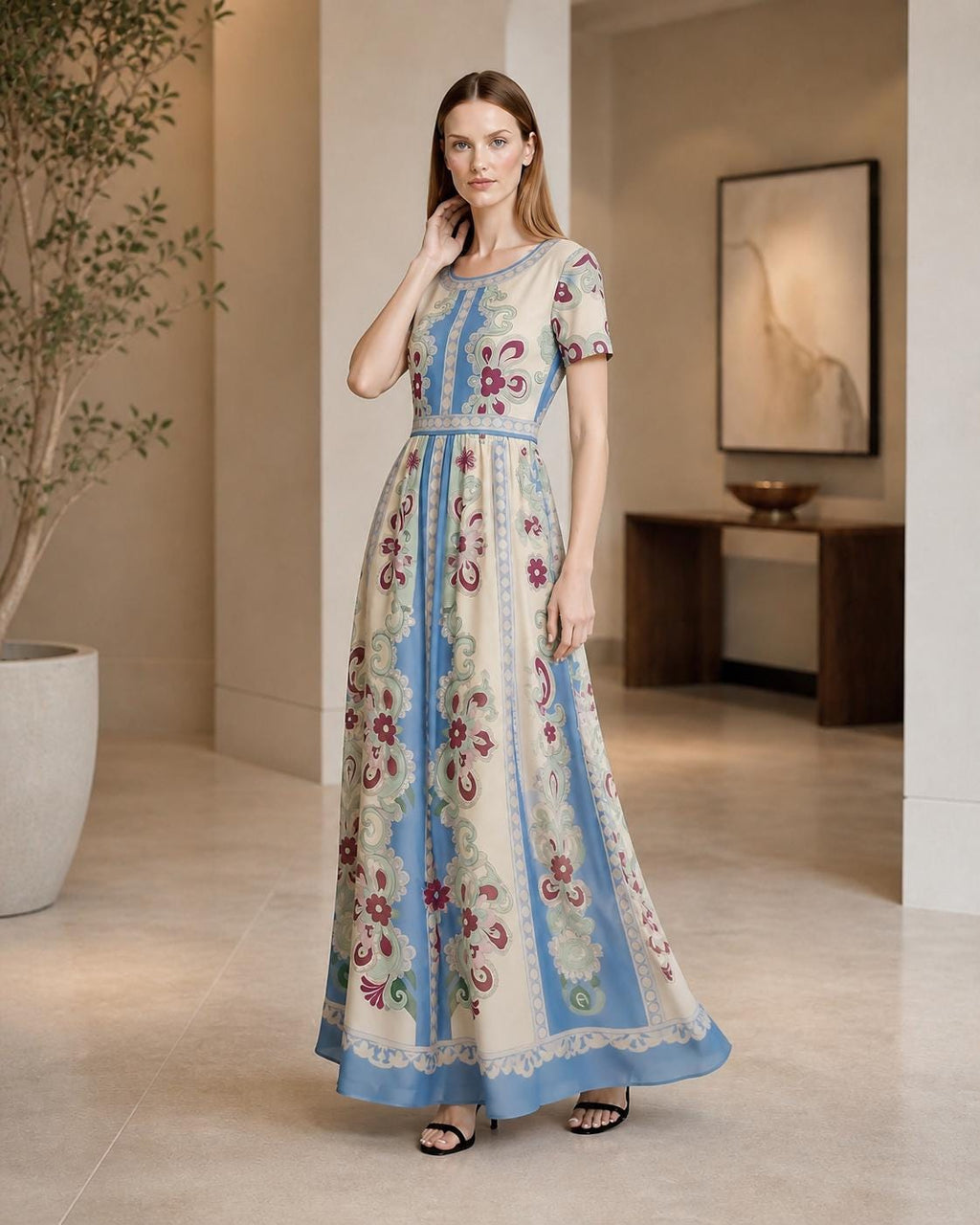 Floral Maxi Dress, Romantic Folk Print, Short Sleeve, Feminine Boutique Style __etsy:8025175667