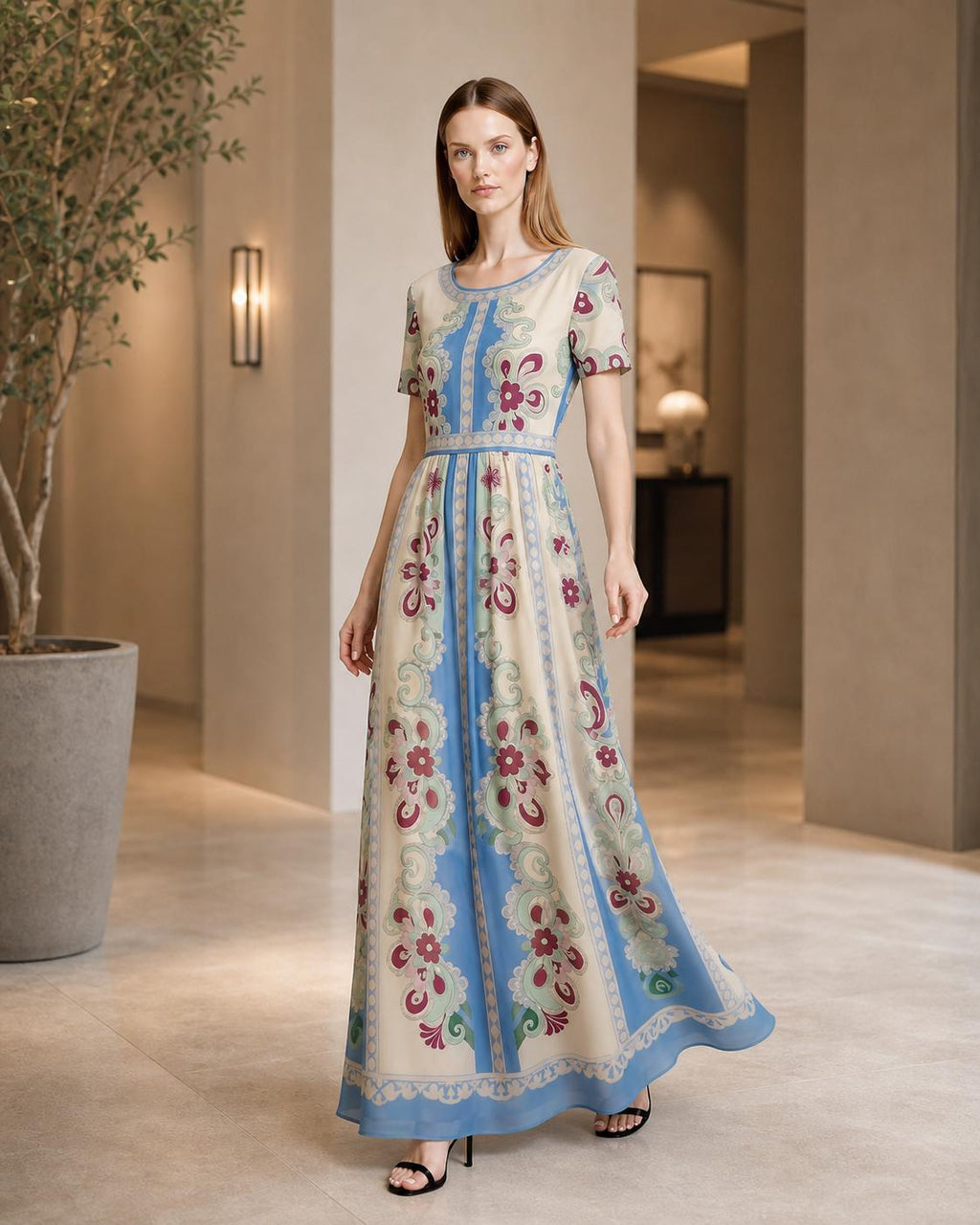 Floral Maxi Dress, Romantic Folk Print, Short Sleeve, Feminine Boutique Style __etsy:8025175669