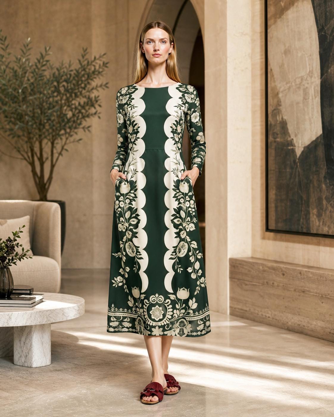 Green Floral Midi Dress with Long Sleeves and Side Pockets A-Line Silhouette __etsy:8031237771