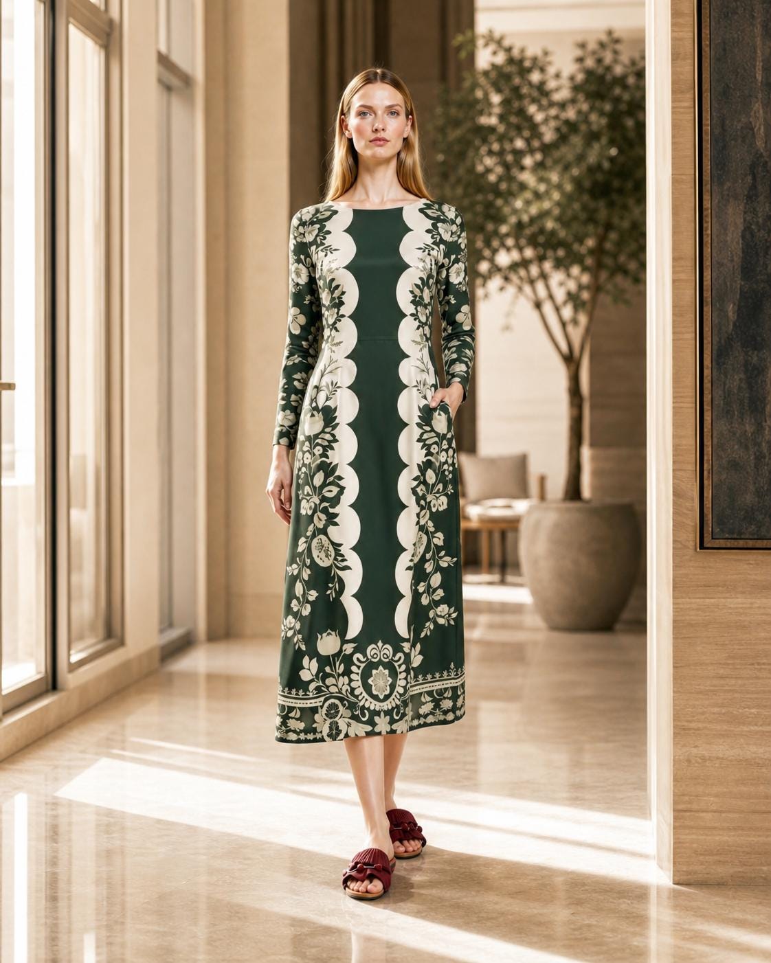 Green Floral Midi Dress with Long Sleeves and Side Pockets A-Line Silhouette __etsy:8031237781