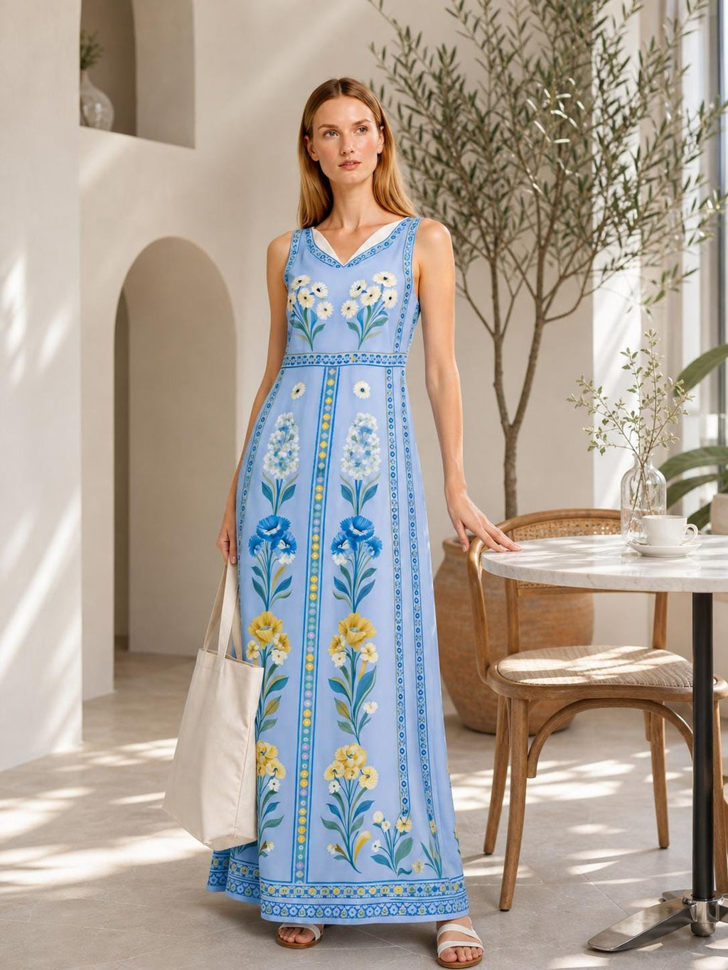 Blue Floral Maxi Dress, Sleeveless Boho Summer Resort Wear