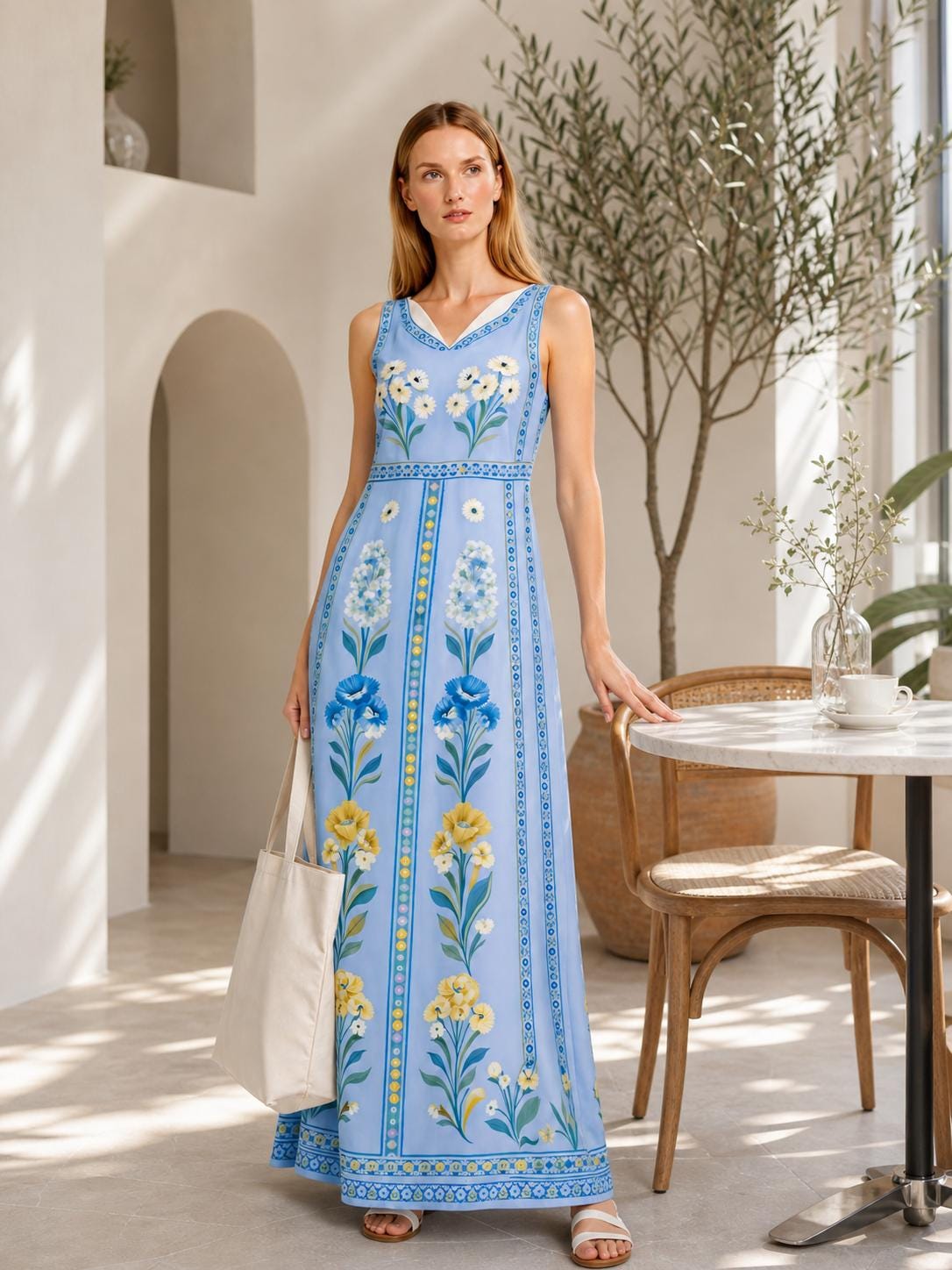 Blue Floral Maxi Dress, Sleeveless Boho Summer Resort Wear