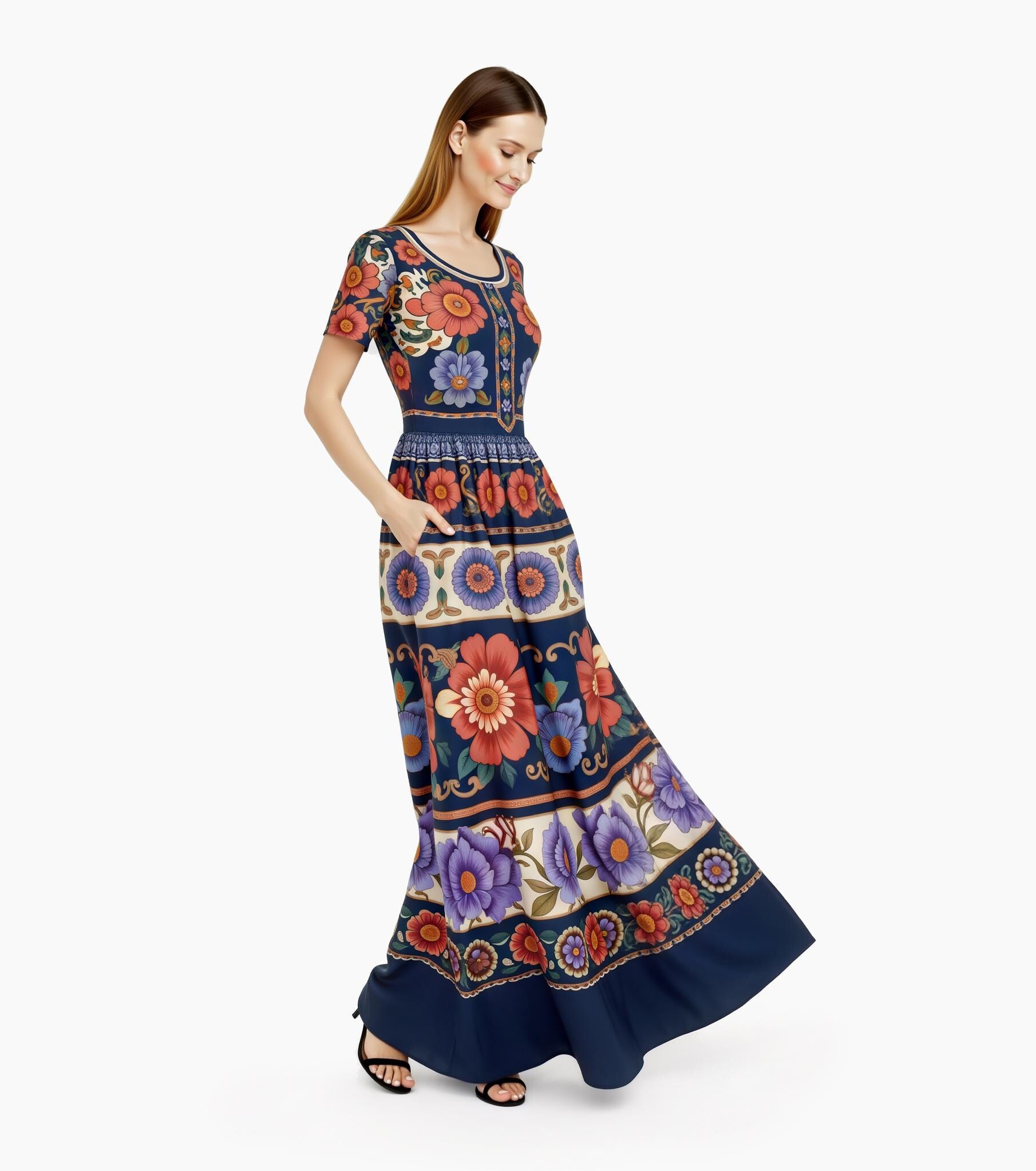 Navy Floral Maxi Dress with Short Sleeves and Side Pockets A-Line Silhouette __etsy:8031821579