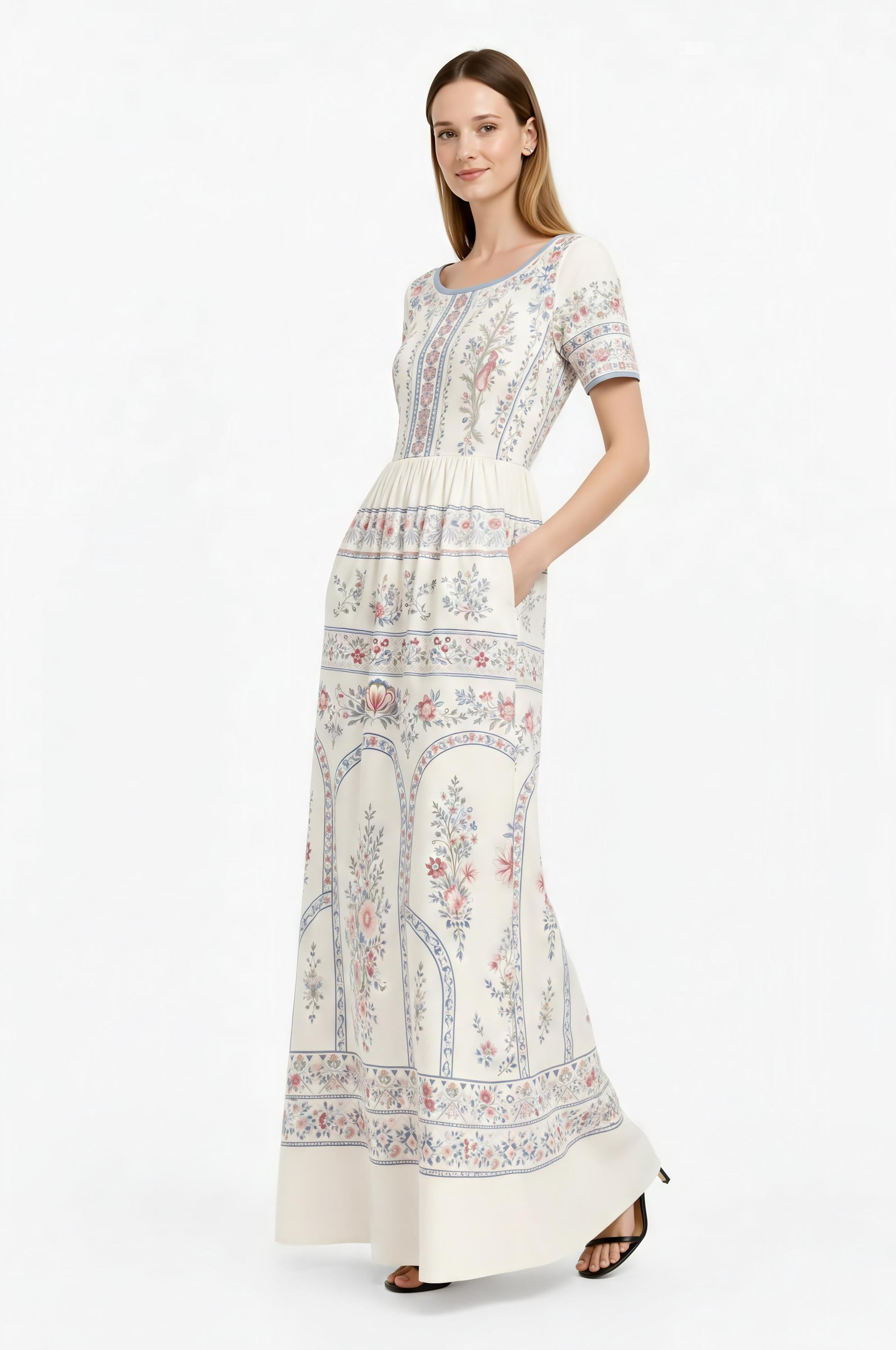 Ivory Floral Maxi Dress, Vintage Border Print, Short Sleeve Garden Party Resort Wear
