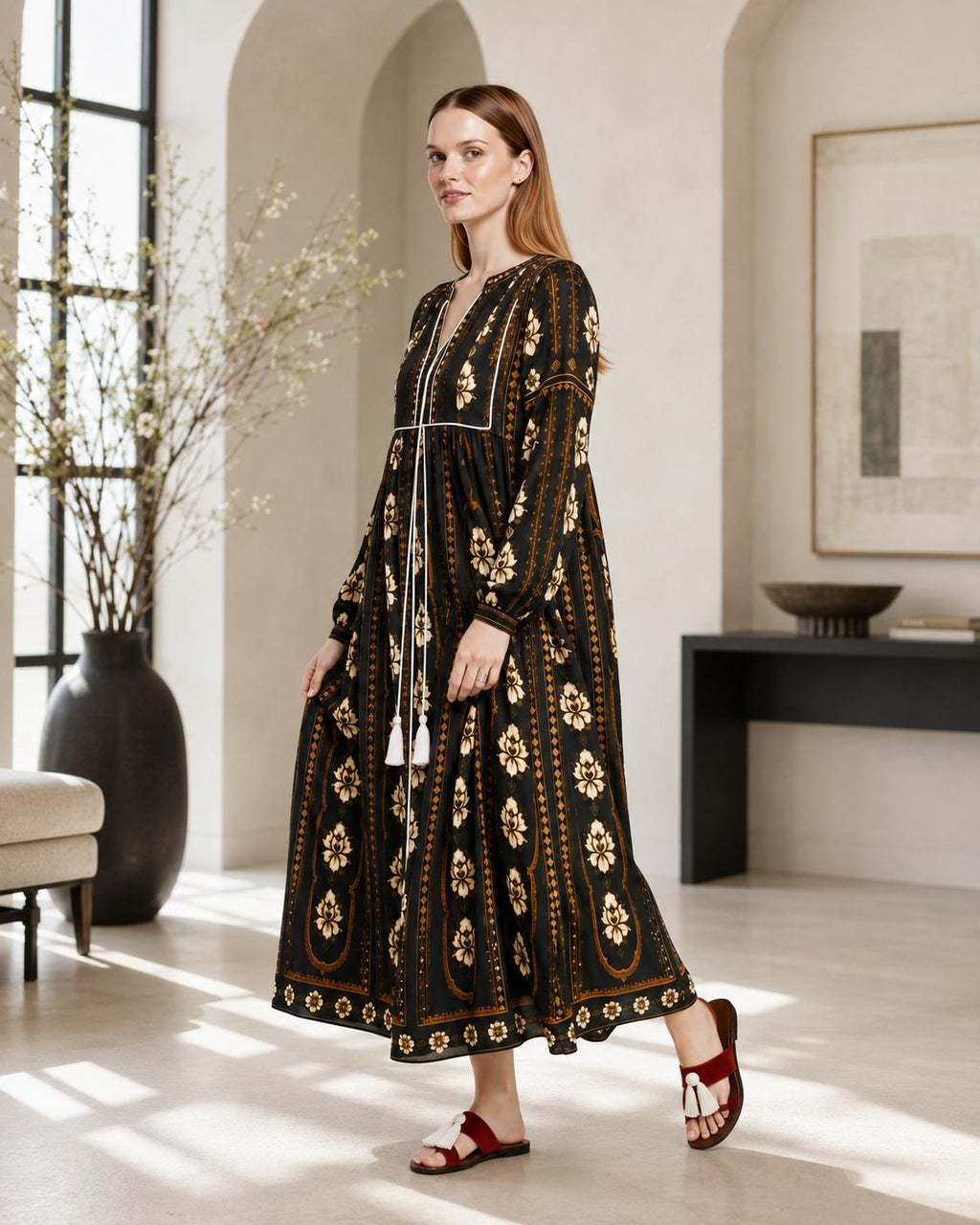 Black Floral Midi Dress, Long Sleeve Boho Tassel Tie, Relaxed A-Line Chiffon Resort Wear