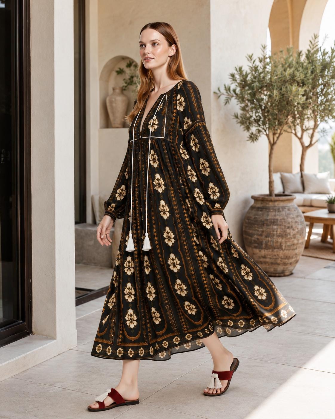 Black Floral Midi Dress, Long Sleeve Boho Tassel Tie, Relaxed A-Line Chiffon Resort Wear