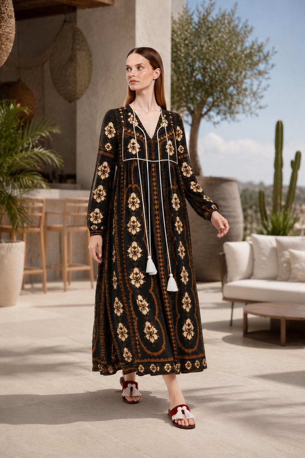 Black Floral Midi Dress, Long Sleeve Boho Tassel Tie, Relaxed A-Line Chiffon Resort Wear