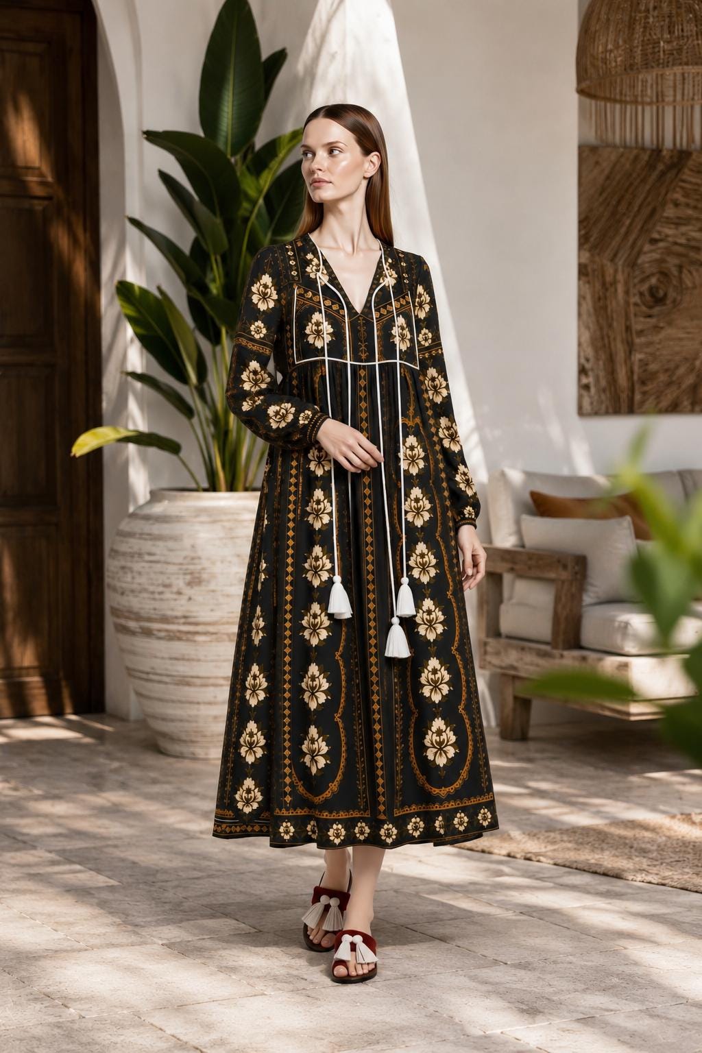 Black Floral Midi Dress, Long Sleeve Boho Tassel Tie, Relaxed A-Line Chiffon Resort Wear