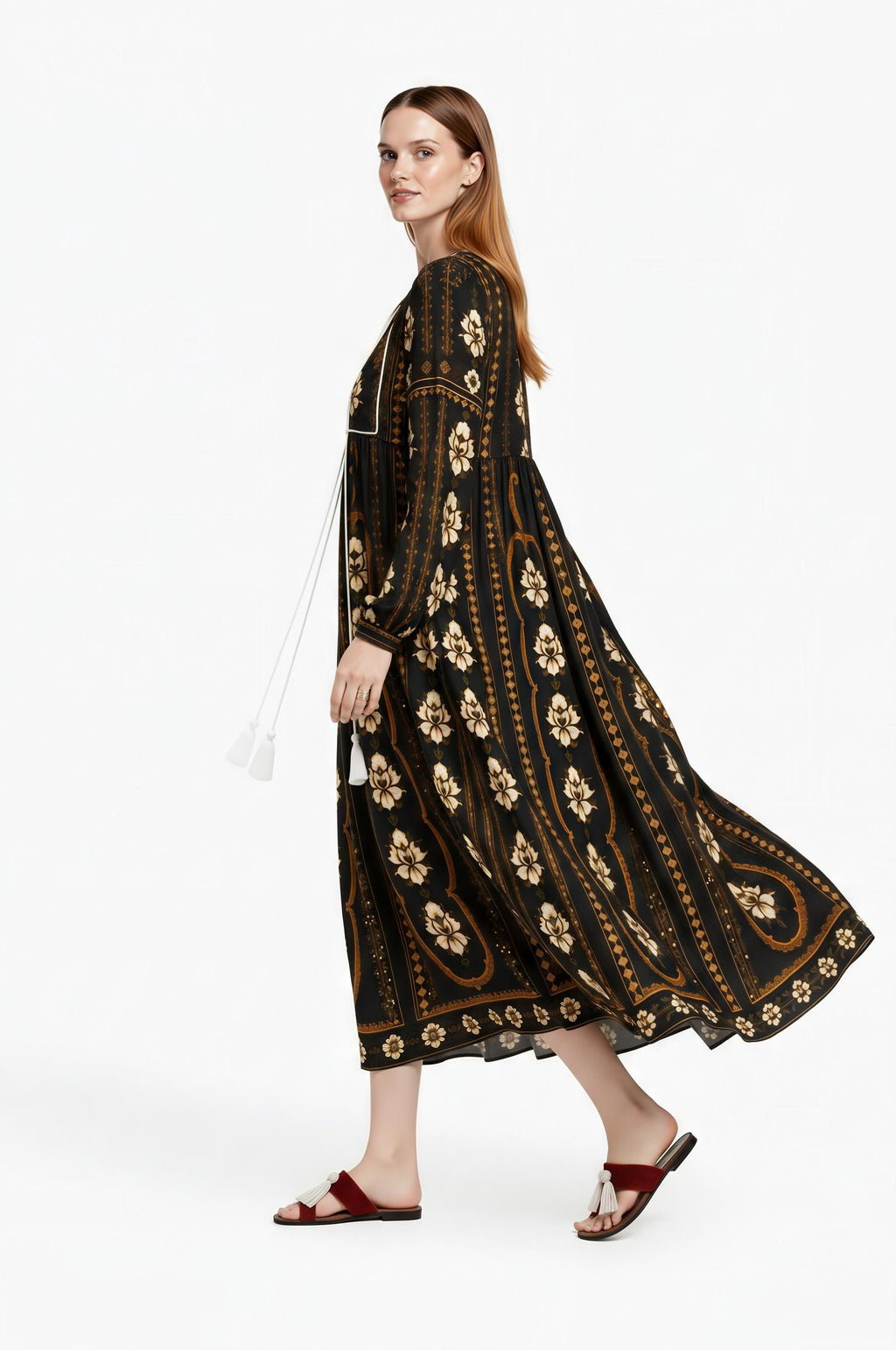 Black Floral Midi Dress, Long Sleeve Boho Tassel Tie, Relaxed A-Line Chiffon Resort Wear
