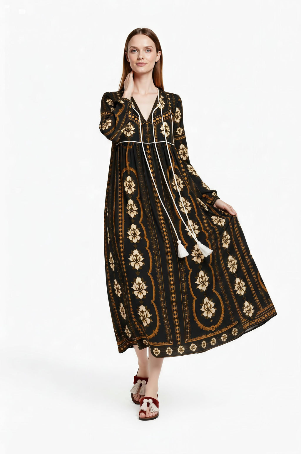 Black Floral Midi Dress, Long Sleeve Boho Tassel Tie, Relaxed A-Line Chiffon Resort Wear