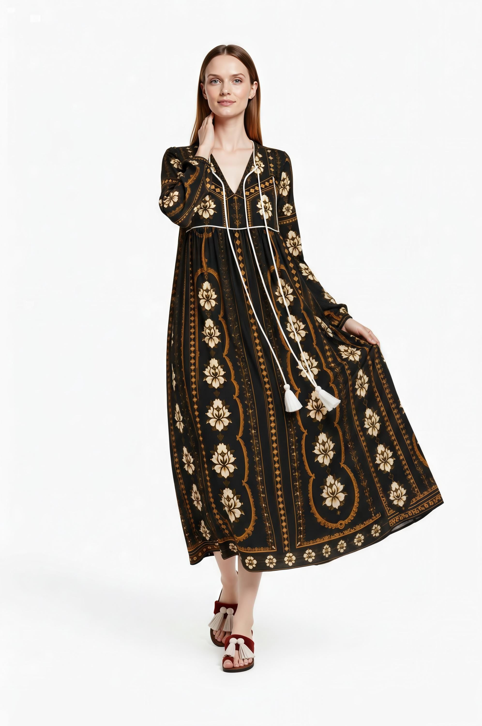 Black Floral Midi Dress, Long Sleeve Boho Tassel Tie, Relaxed A-Line Chiffon Resort Wear