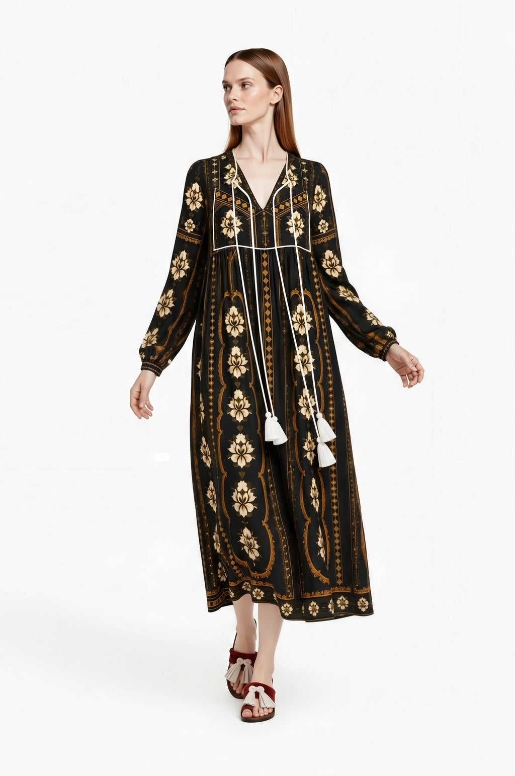 Black Floral Midi Dress, Long Sleeve Boho Tassel Tie, Relaxed A-Line Chiffon Resort Wear