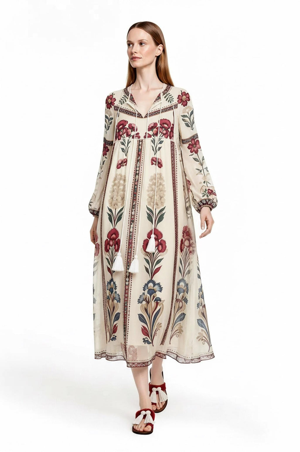Ivory Floral Chiffon Midi Dress, Long Sleeve Tassel Tie Boho Resort Wear __etsy:8060547162