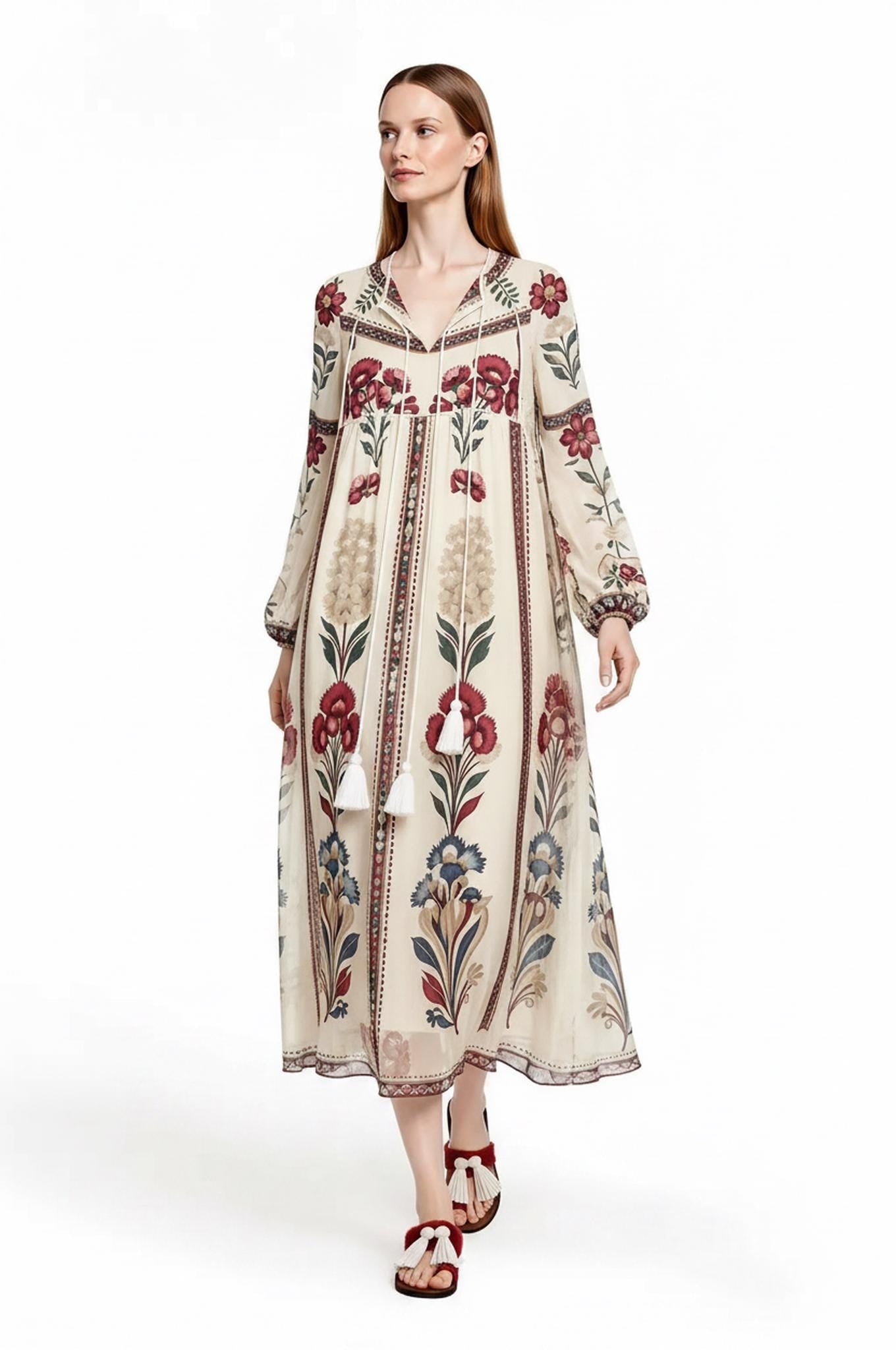 Ivory Floral Chiffon Midi Dress, Long Sleeve Tassel Tie Boho Resort Wear __etsy:8060547162