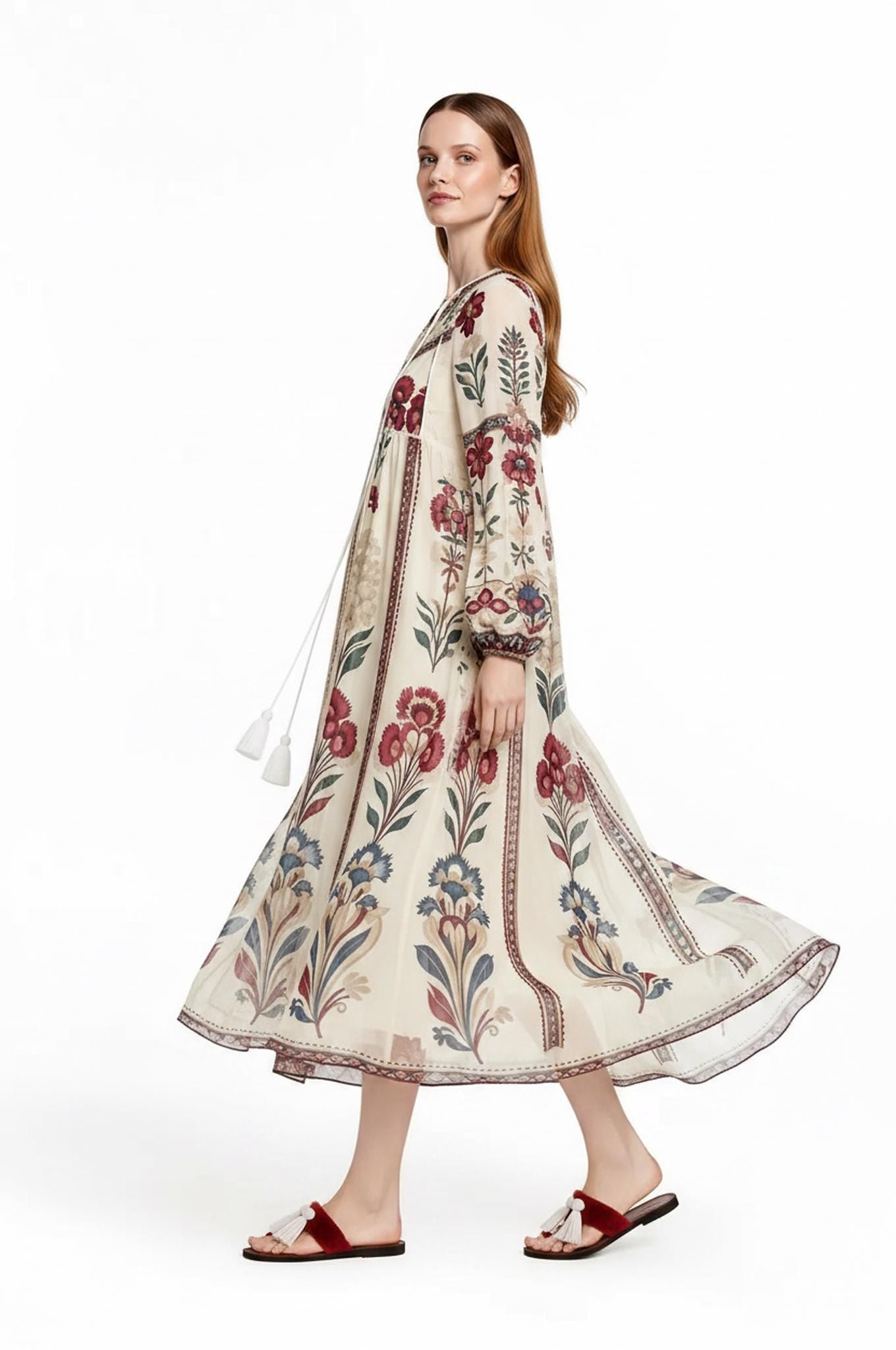 Ivory Floral Chiffon Midi Dress, Long Sleeve Tassel Tie Boho Resort Wear __etsy:8060547206