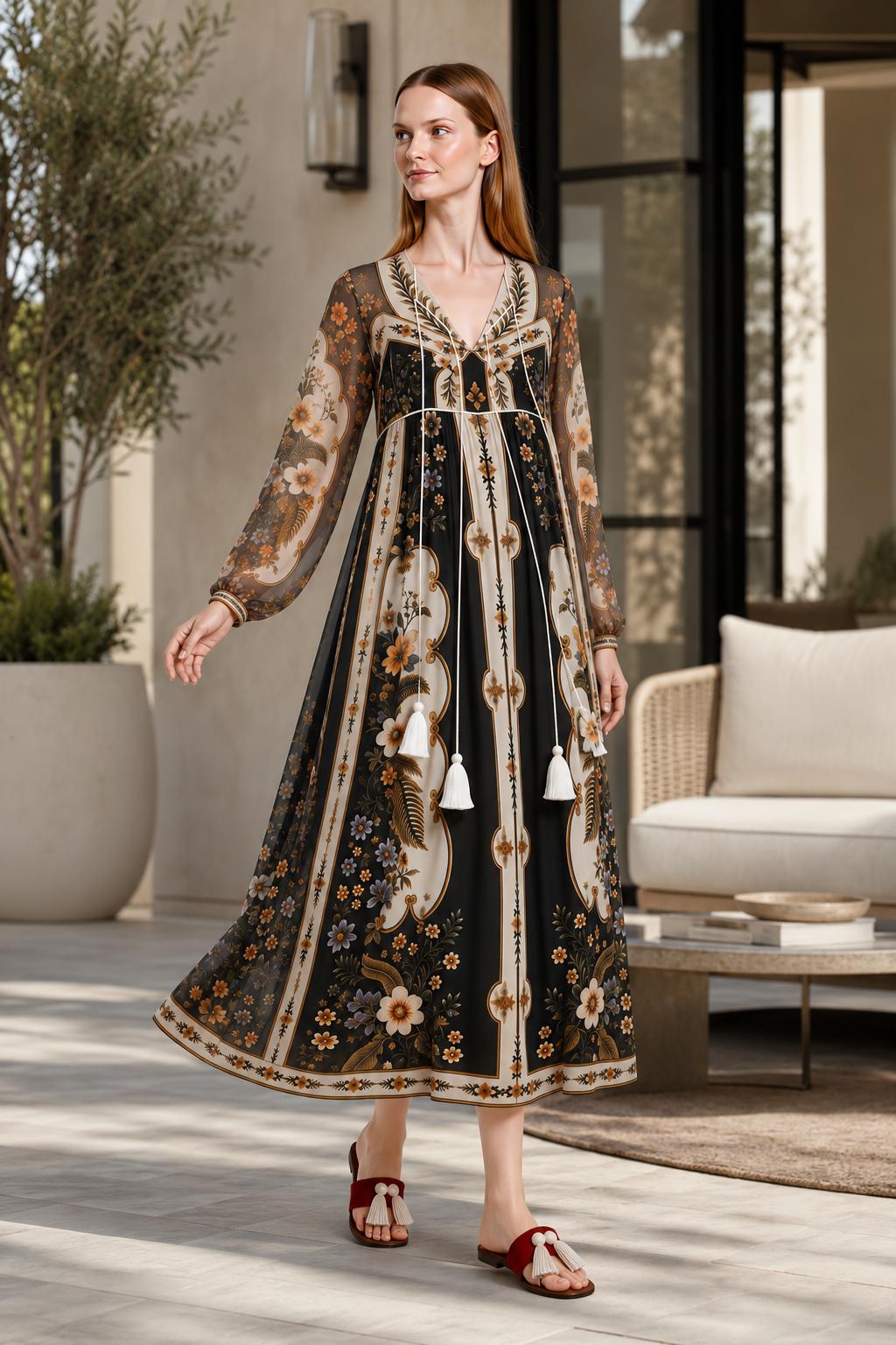 Black Ivory Floral Chiffon Midi Dress, Long Sleeve Tassel Tie Boho Resort A-Line