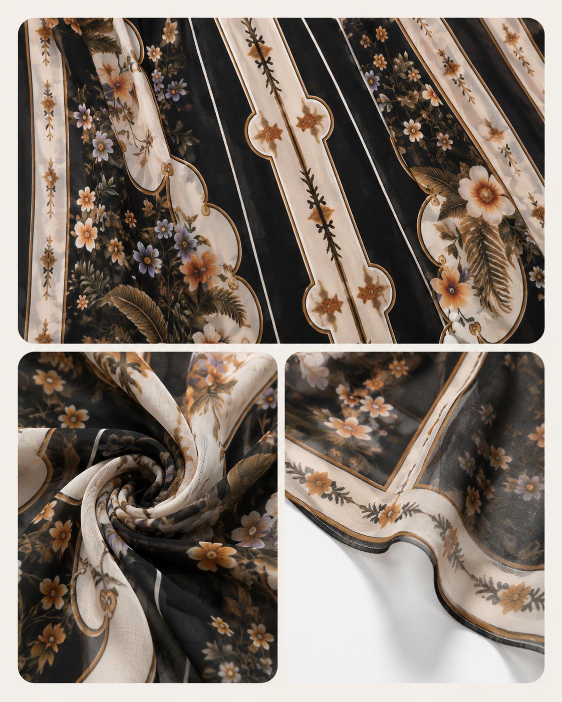 Black Ivory Floral Chiffon Midi Dress, Long Sleeve Tassel Tie Boho Resort A-Line
