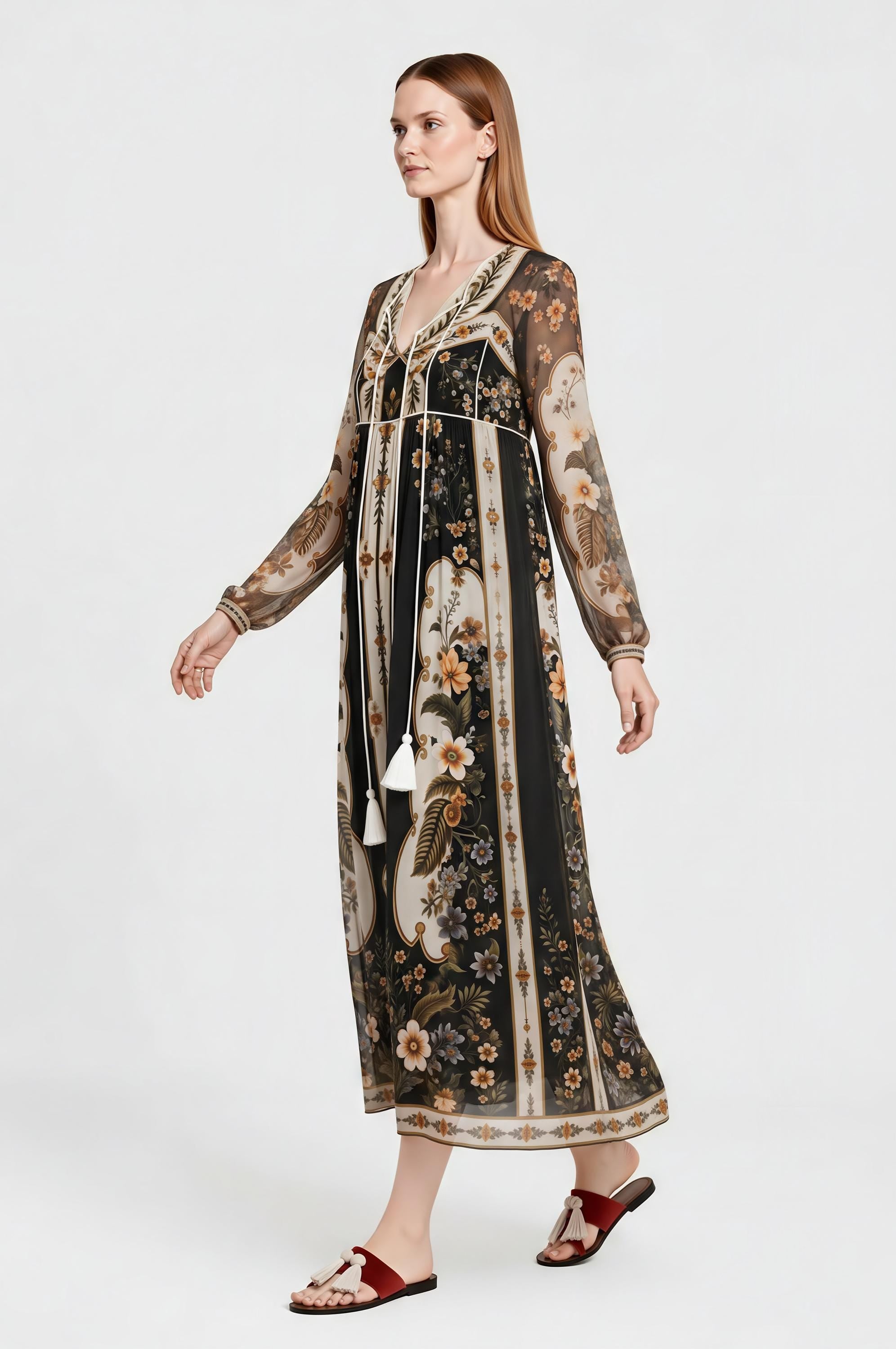 Black Ivory Floral Chiffon Midi Dress, Long Sleeve Tassel Tie Boho Resort A-Line