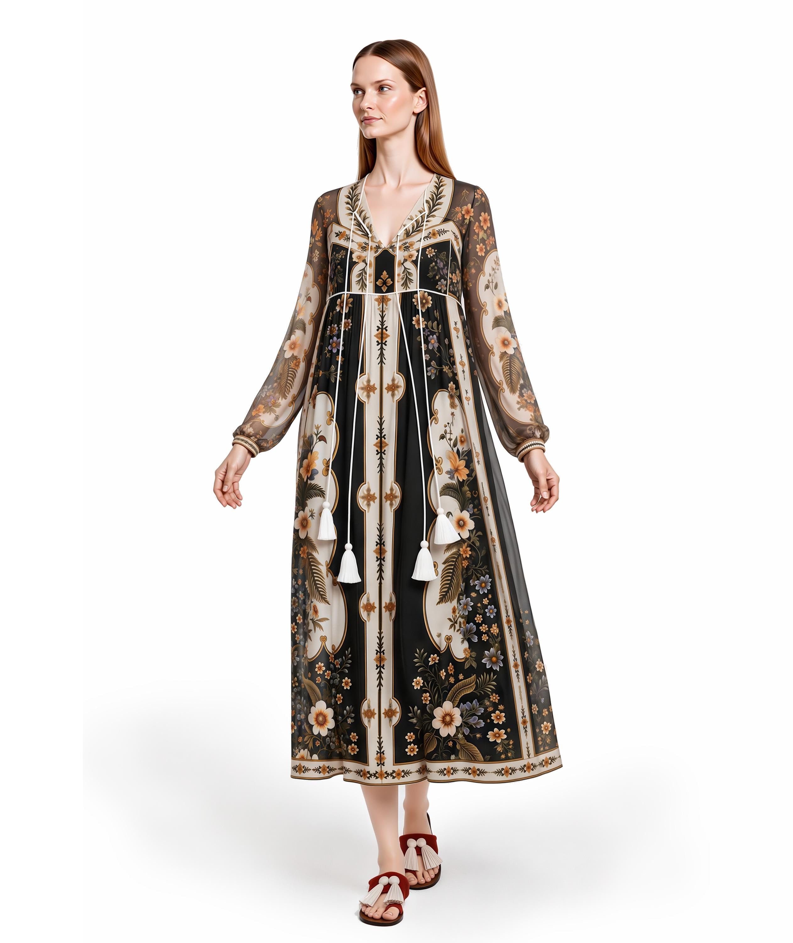 Black Ivory Floral Chiffon Midi Dress, Long Sleeve Tassel Tie Boho Res – MaisonLierre