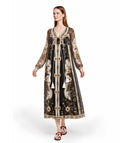 Black Ivory Floral Chiffon Midi Dress, Long Sleeve Tassel Tie Boho Resort A-Line